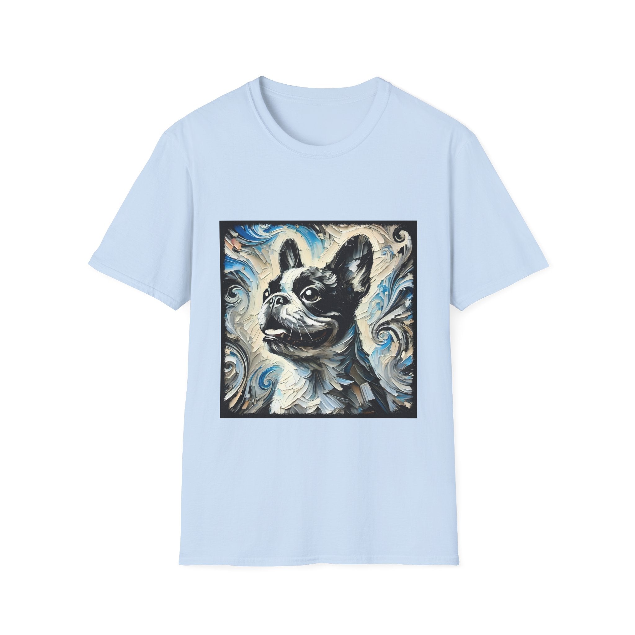 Light blue dog t-shirt with black and white French Bulldog portrait on swirl-patterned vintage background.