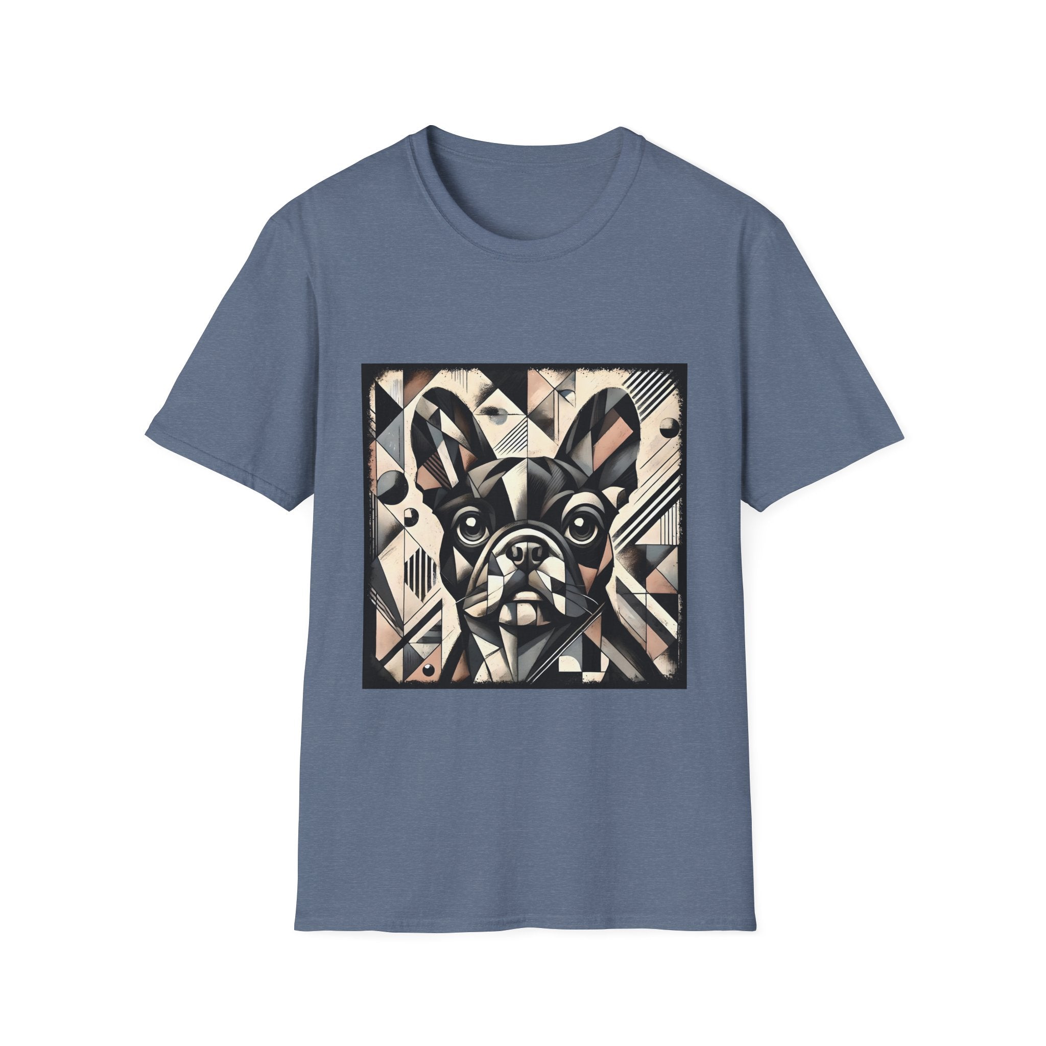 Heather indigo dog t-shirt featuring geometric French Bulldog in cubist tones of black, beige, cream, and soft blush.
