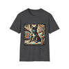 Charcoal dog t-shirt featuring black and tan French Bulldog on ornate settee with swirl pattern background.
