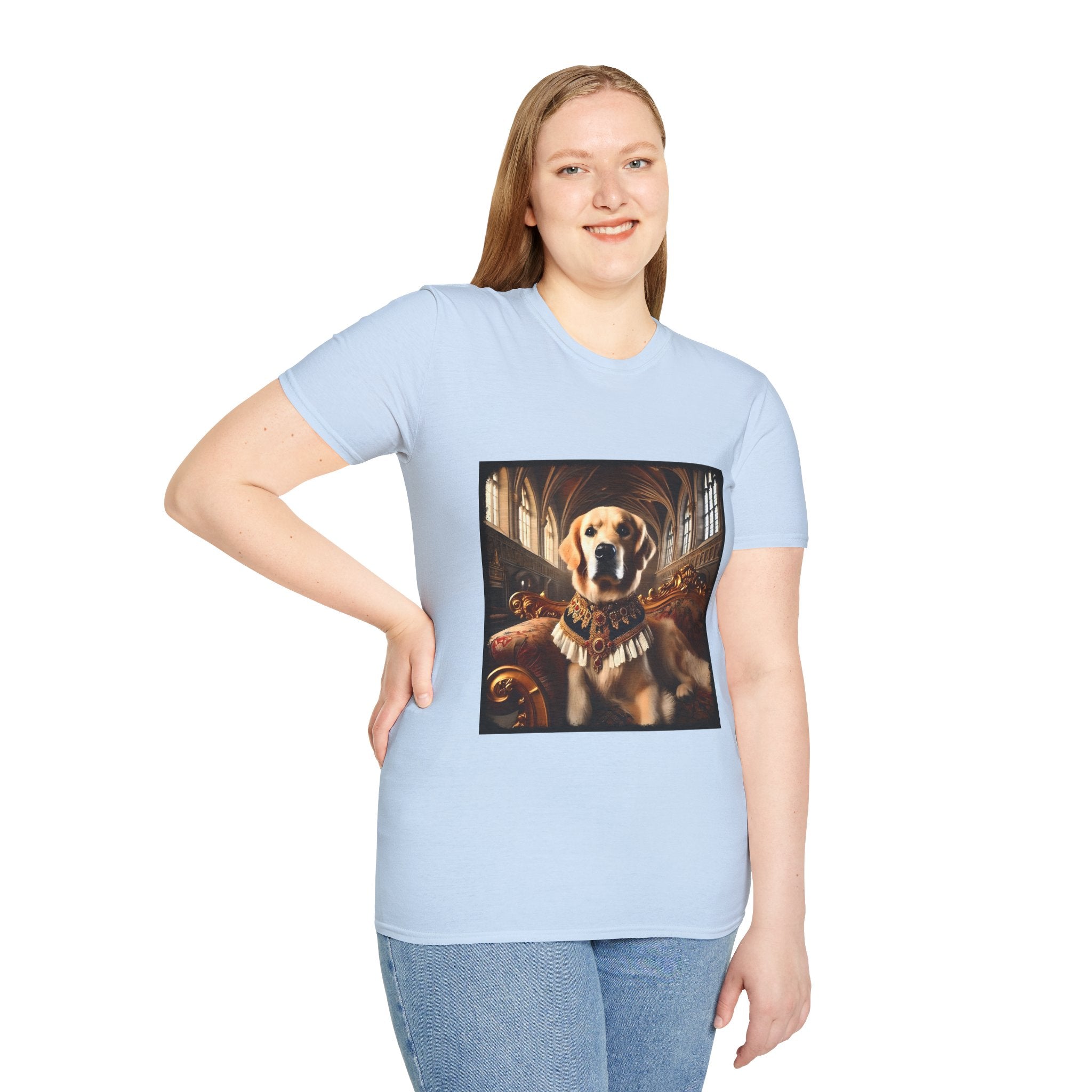 Female model in light blue dog t-shirt featuring golden retriever in royal collar on ornate settee in gothic hall.