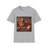 Sport gray dog t-shirt with golden retriever on red settee, pearl collar, and regal columned backdrop.