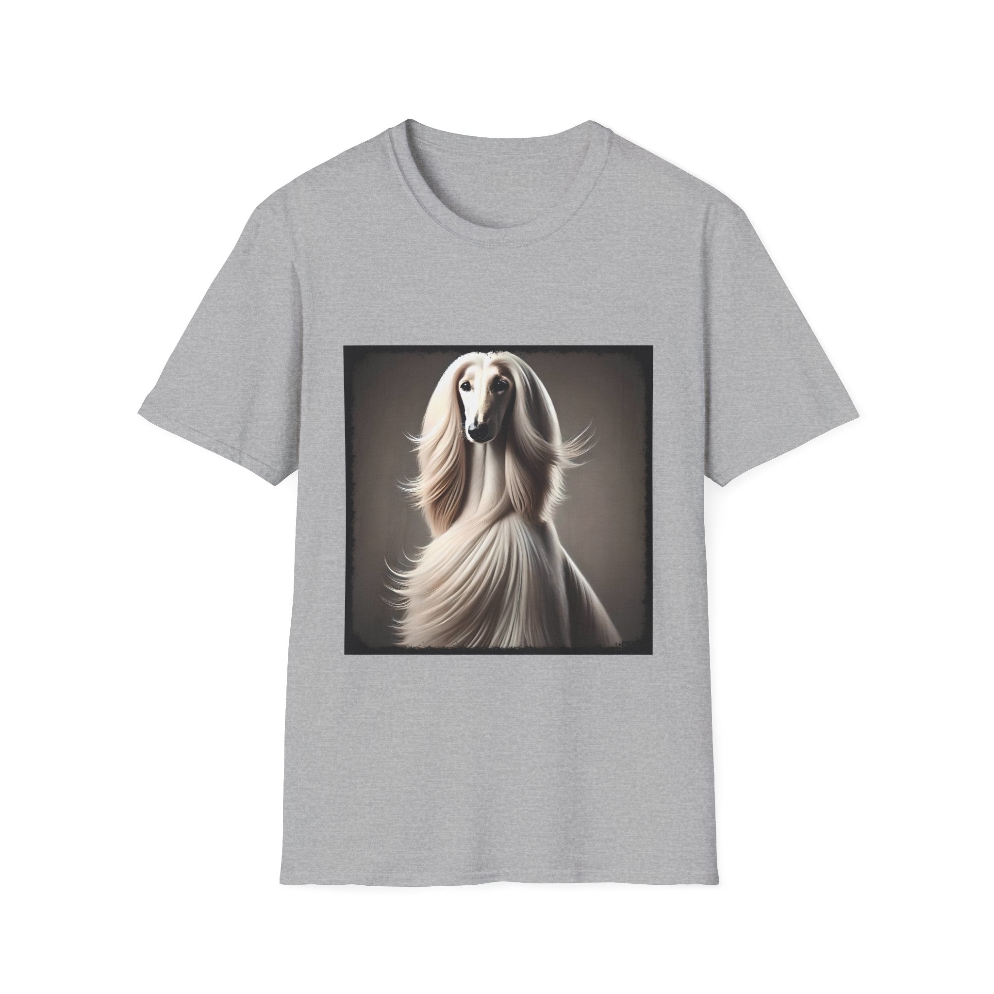 White Afghan Hound with flowing hair, featured on a stylish ice grey dog t-shirt against a soft background.