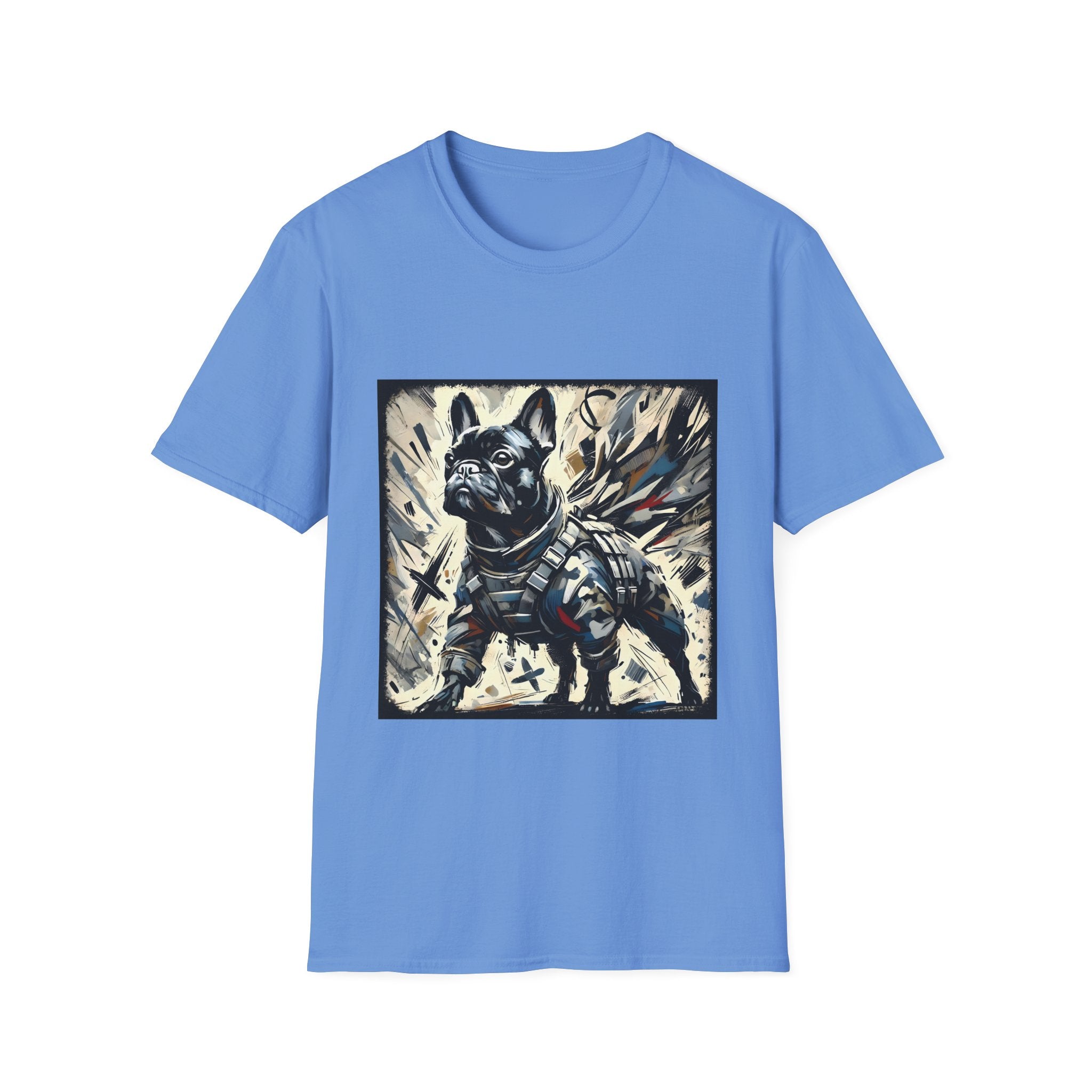 Carolina blue dog t-shirt featuring heroic black French Bulldog in battle armor, set against abstract explosive strokes.