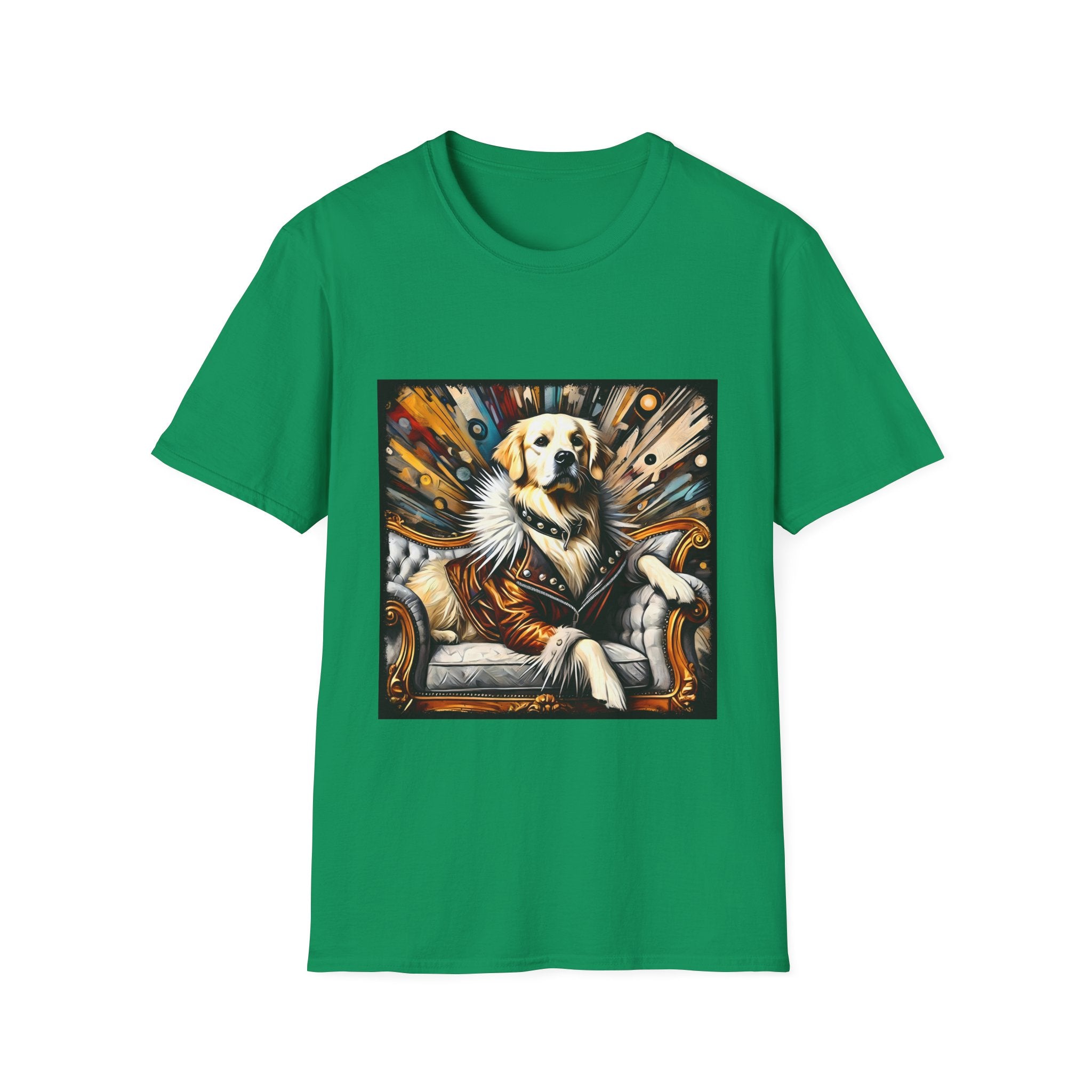 Kelly Green dog t-shirt featuring golden retriever in fur coat on gold throne with colorful backdrop.