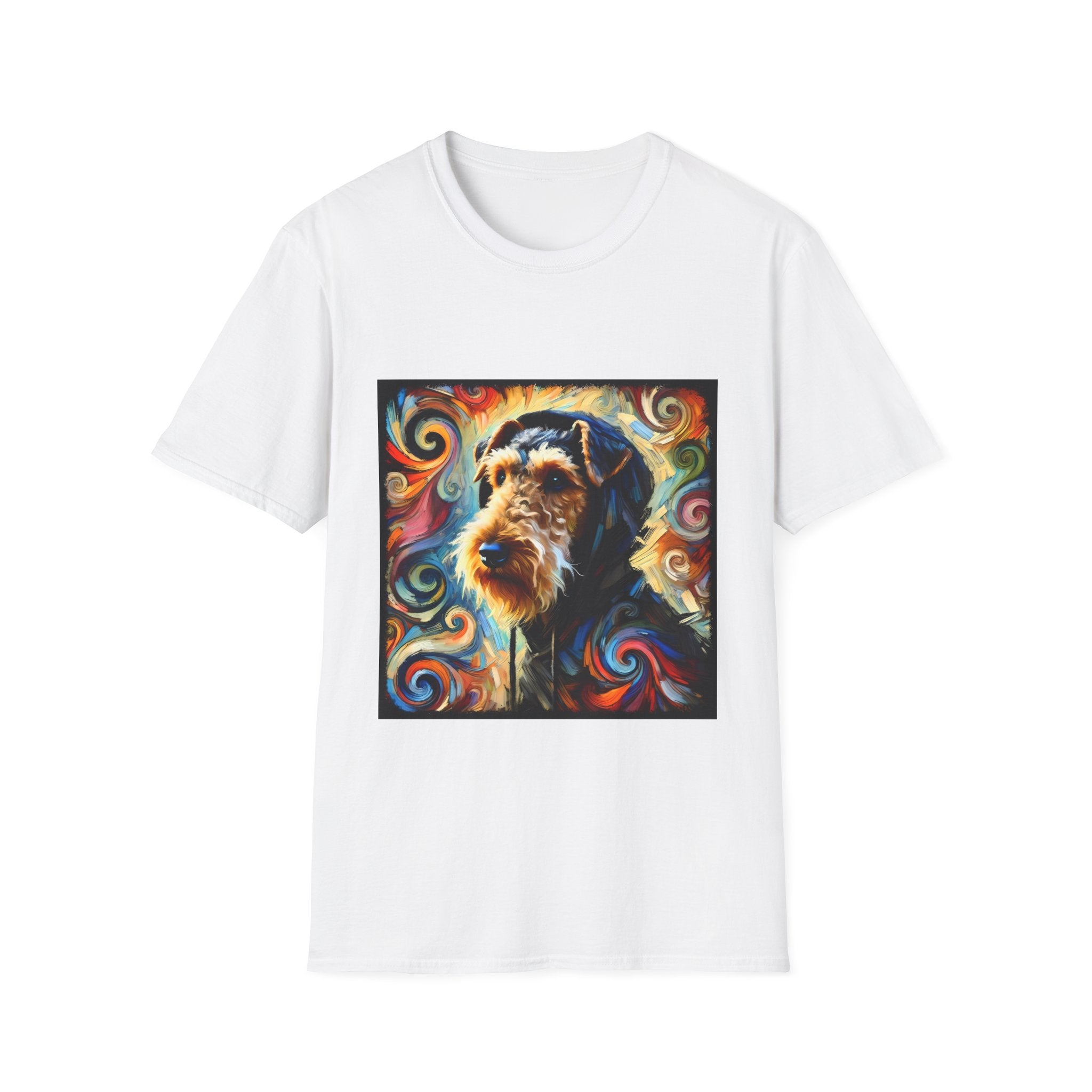 White dog t-shirt with Airedale terrier in hoodie and vibrant multicolor swirl background.