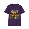 Purple dog t-shirt with golden retriever in yellow-black outfit on gold settee, black and white art deco backdrop.