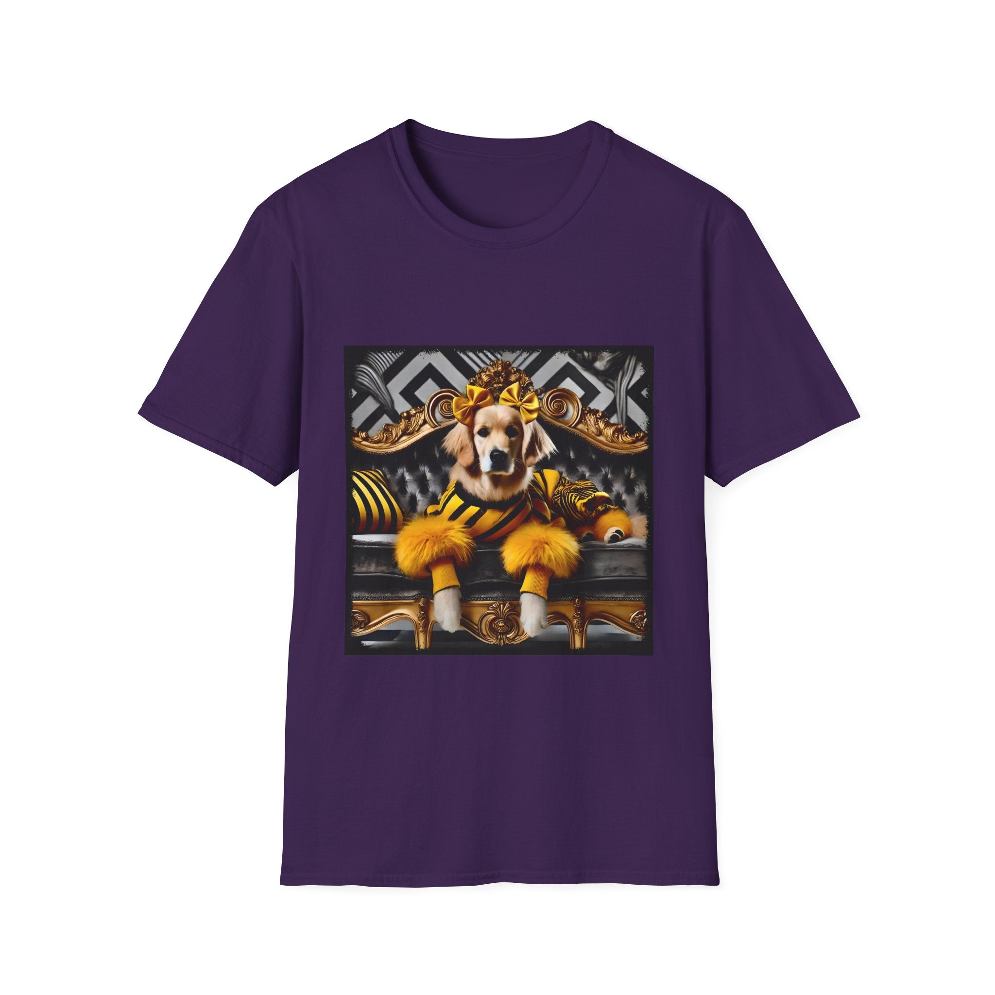 Purple dog t-shirt with golden retriever in yellow-black outfit on gold settee, black and white art deco backdrop.