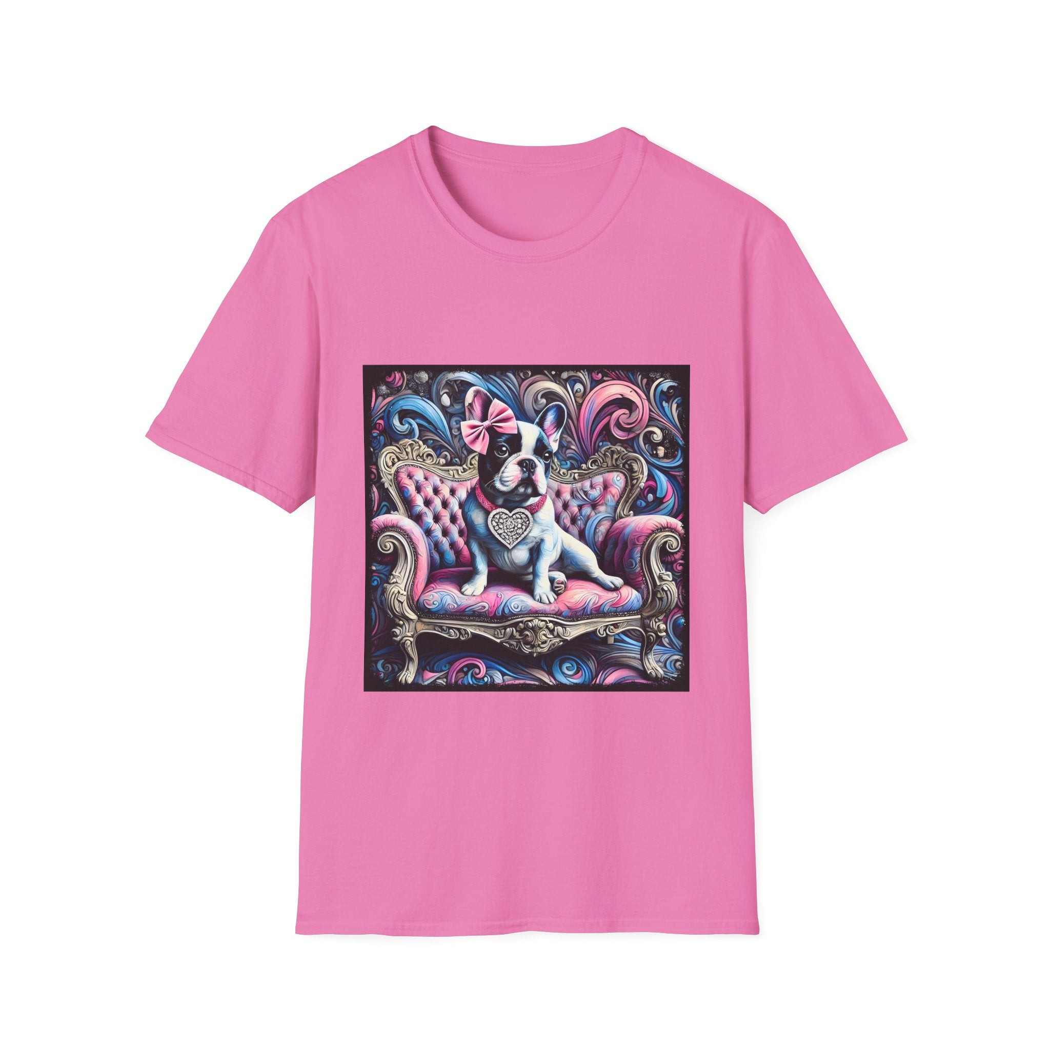 Pink dog t-shirt featuring a black and white French Bulldog with a pink bow, seated on a tufted pink and gold settee against a swirling blue, pink, and purple expressionist-style background.