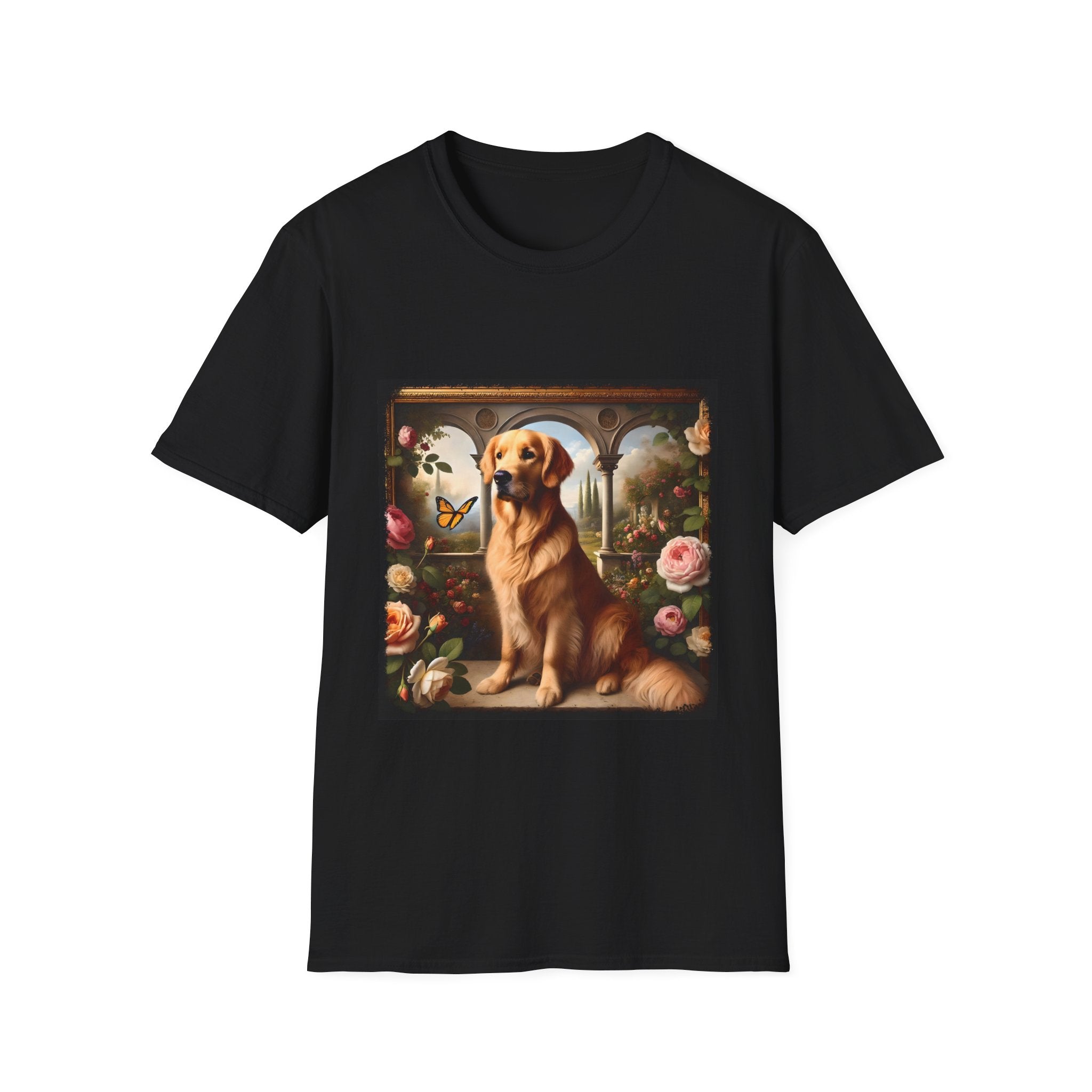 Black dog t-shirt featuring golden retriever in garden scene with roses, archway, and butterfly.