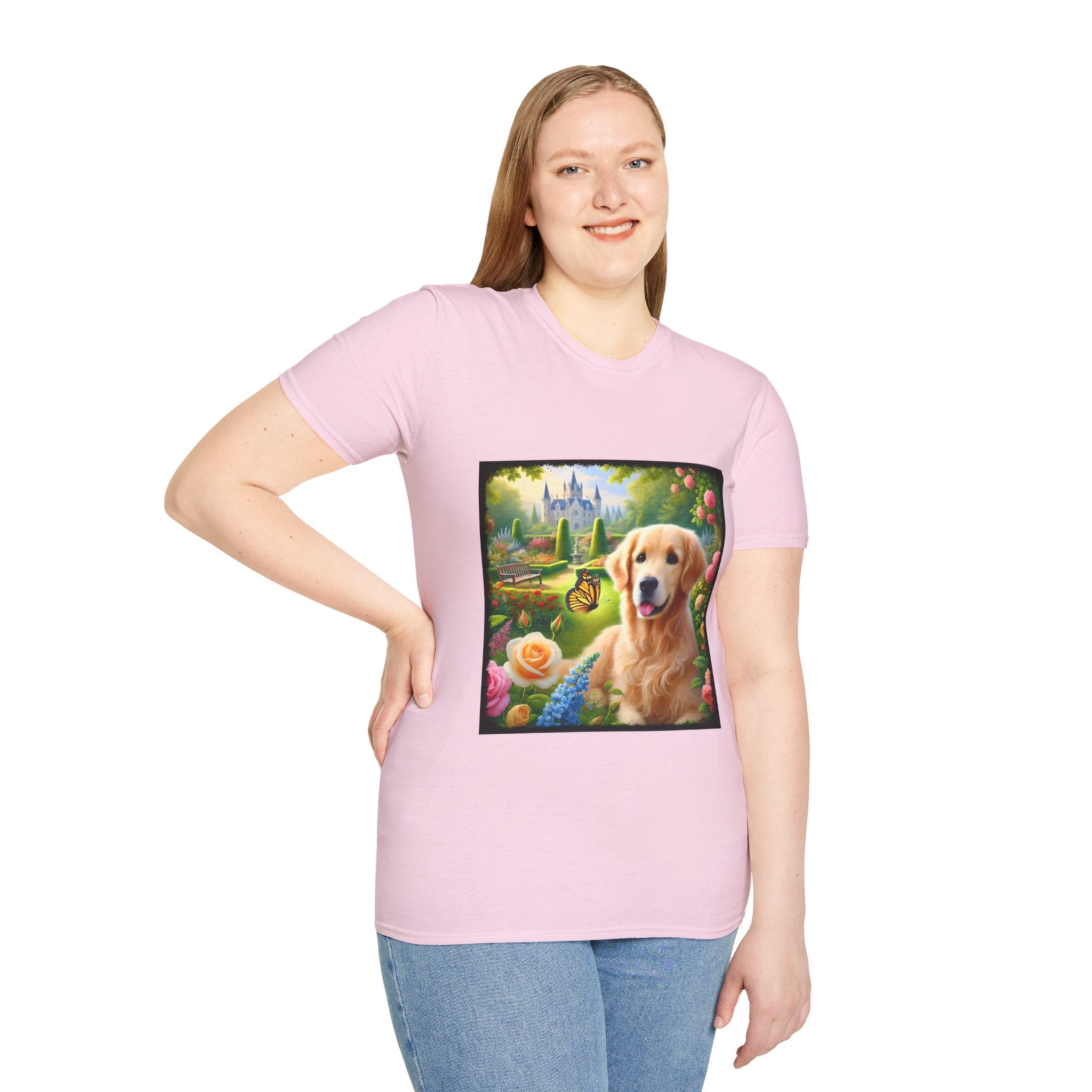 Female model wears light pink dog t-shirt featuring a golden retriever in a vibrant castle garden with blooming roses and a butterfly.