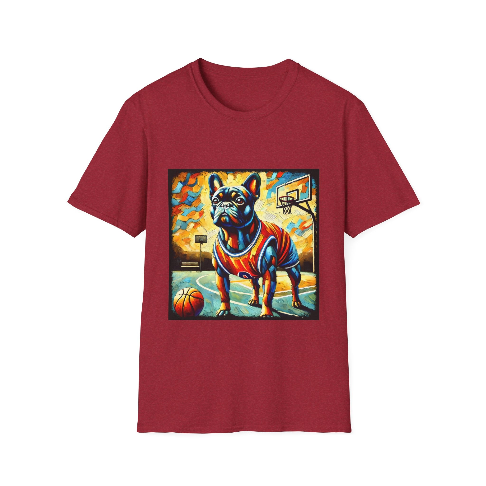 Cardinal red dog t-shirt featuring French Bulldog in red jersey on basketball court, expressionism style.