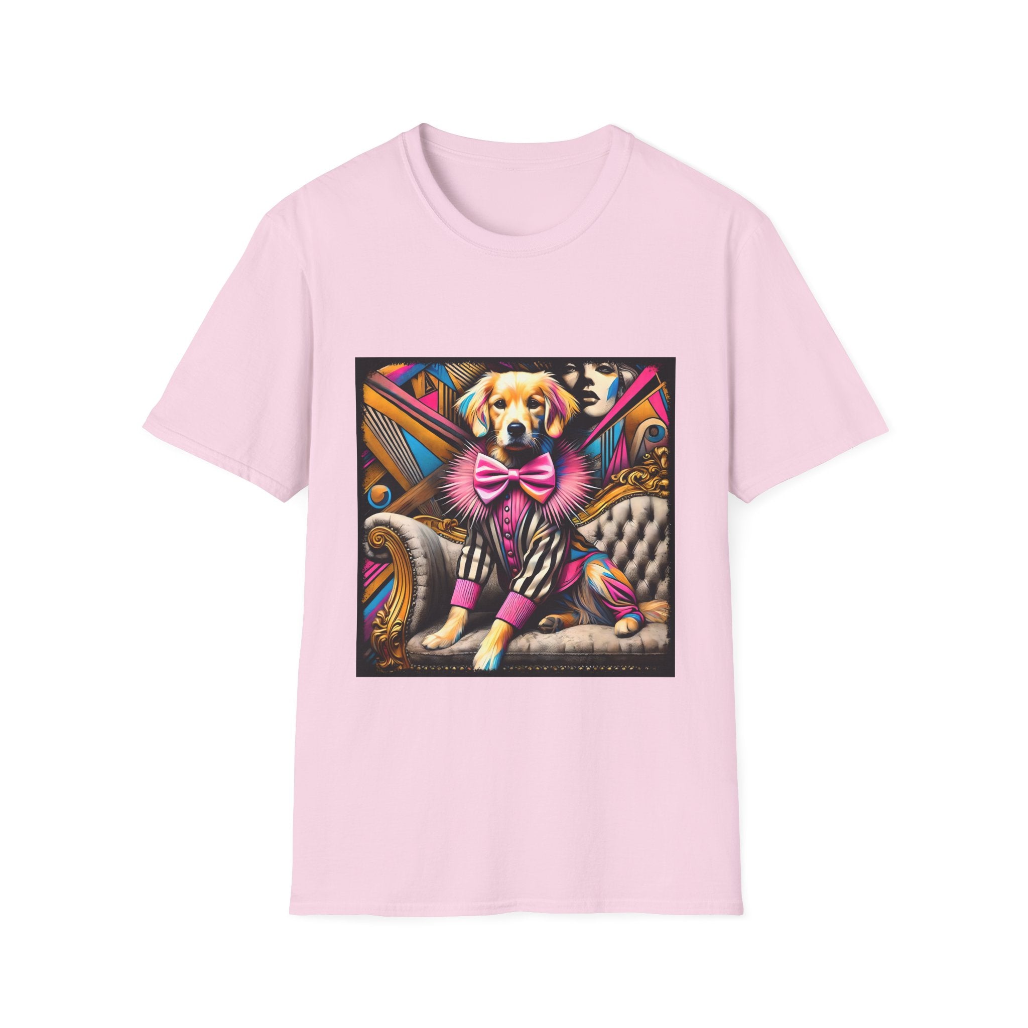 Light pink dog t-shirt with golden retriever in striped outfit and pink bow on bold pop-art settee.