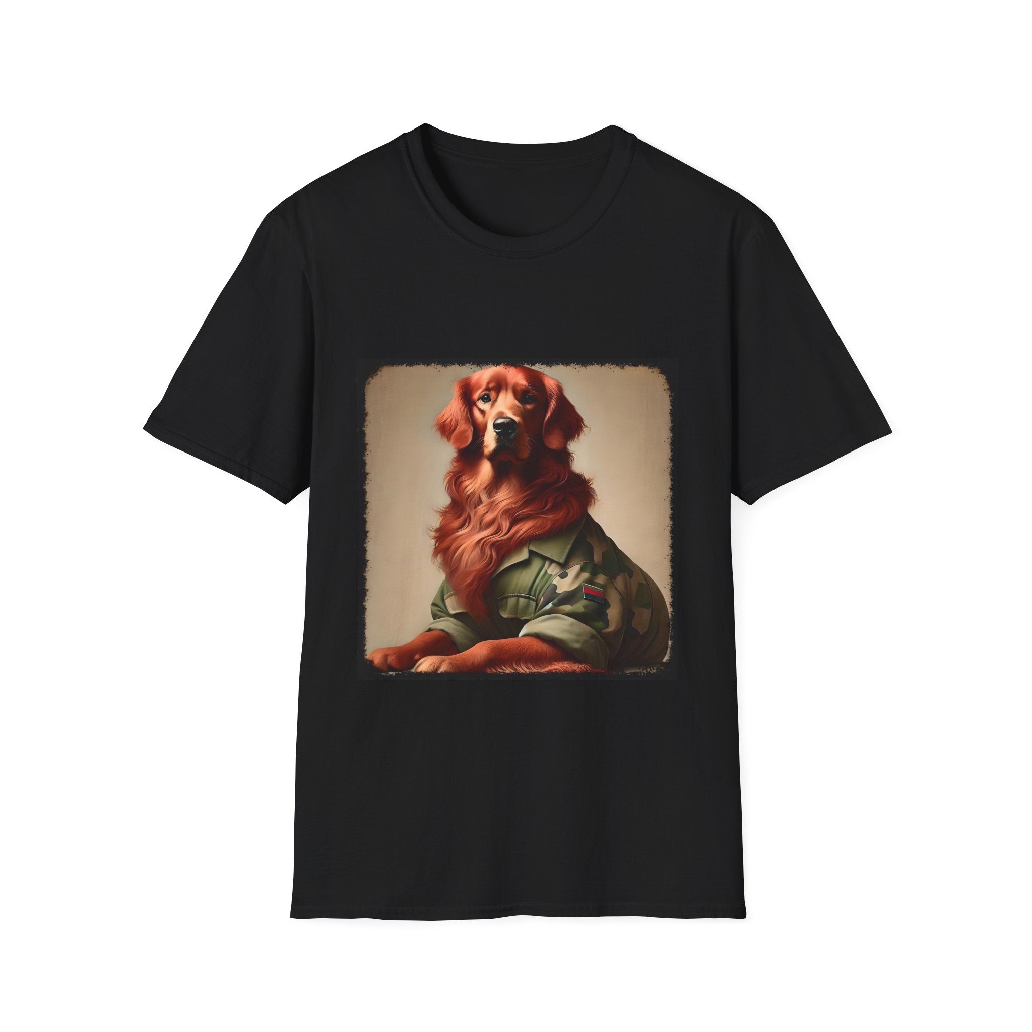 Black dog t-shirt featuring golden retriever in camouflage jacket with flag patch, tan background.