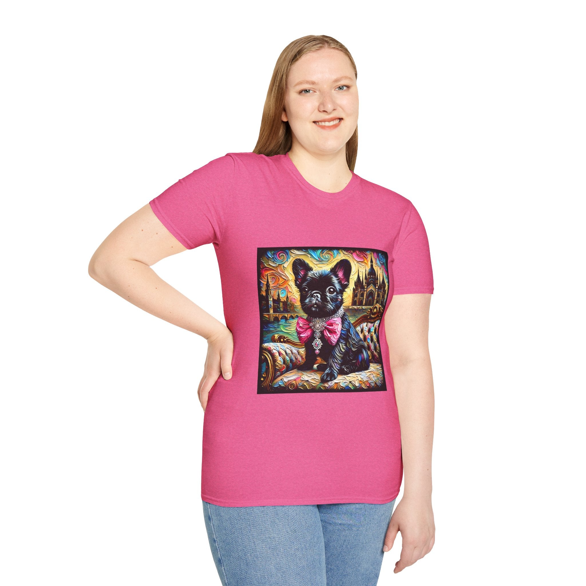 Female model wearing bright pink dog t-shirt featuring black French Bulldog in jeweled pink bow on settee with vivid castle background.