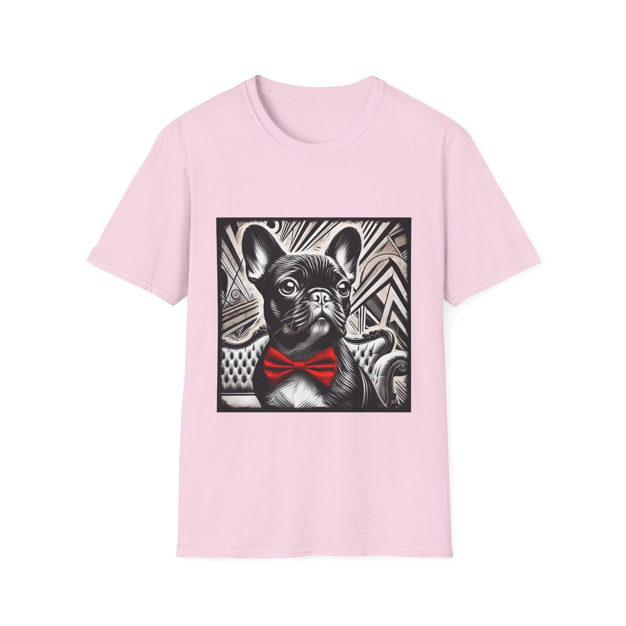 Light pink dog t-shirt featuring a black and white French Bulldog with a bold red bow tie and art deco backdrop.