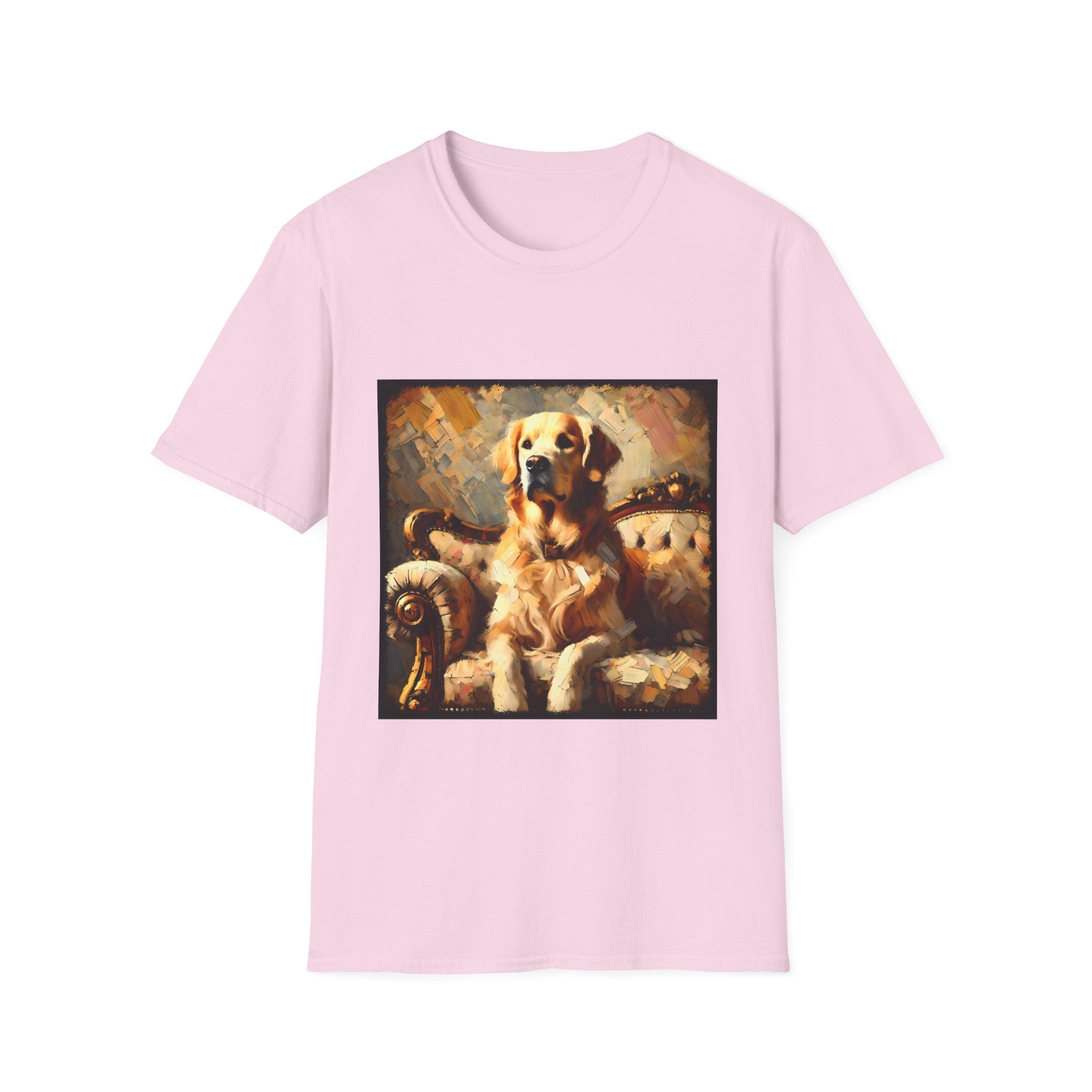 Light pink dog t-shirt with golden retriever on ornate couch, painted in rich textured brushstrokes.