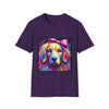 Purple dog t-shirt featuring neon-colored golden retriever with pink bow on vibrant electric abstract backdrop.