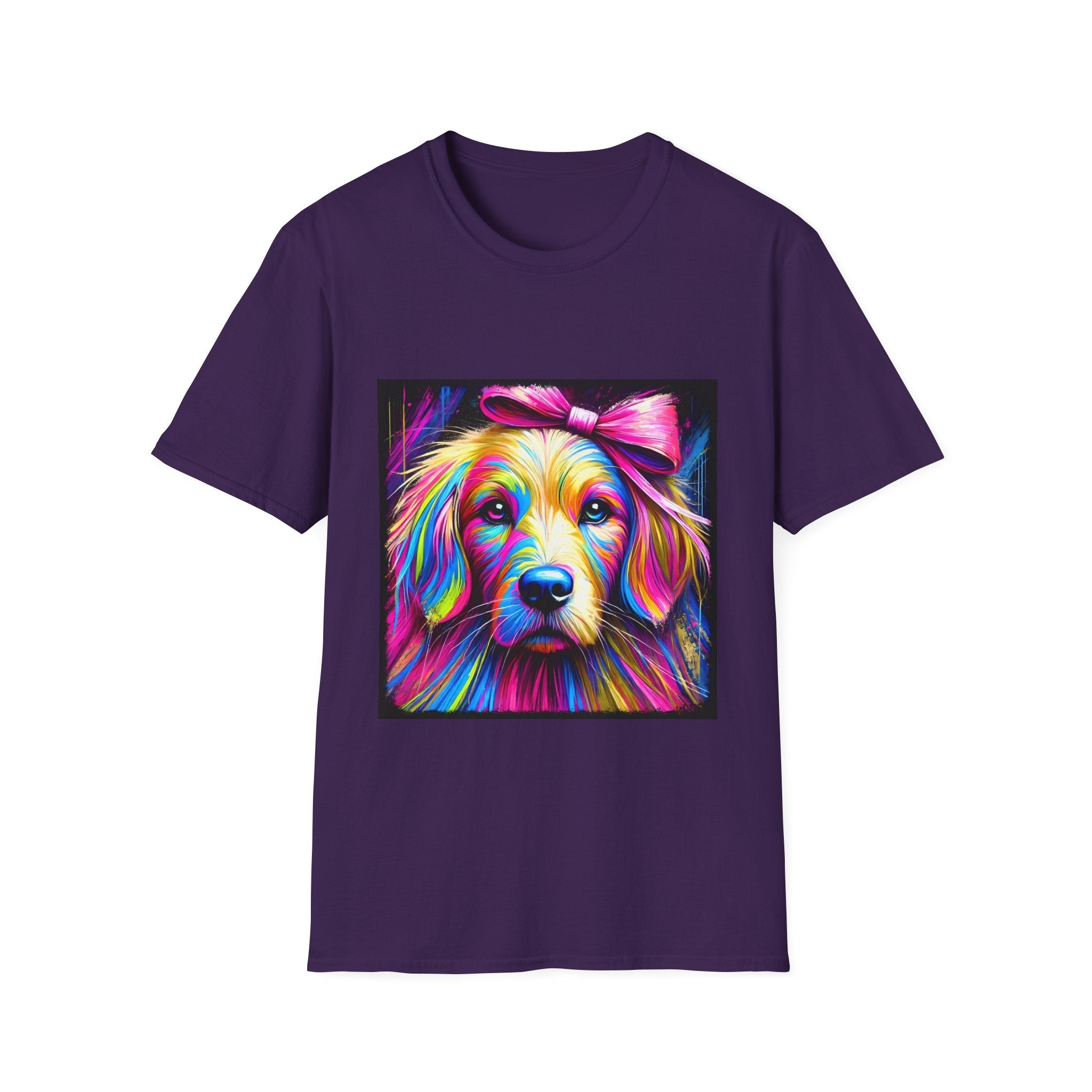 Purple dog t-shirt featuring neon-colored golden retriever with pink bow on vibrant electric abstract backdrop.