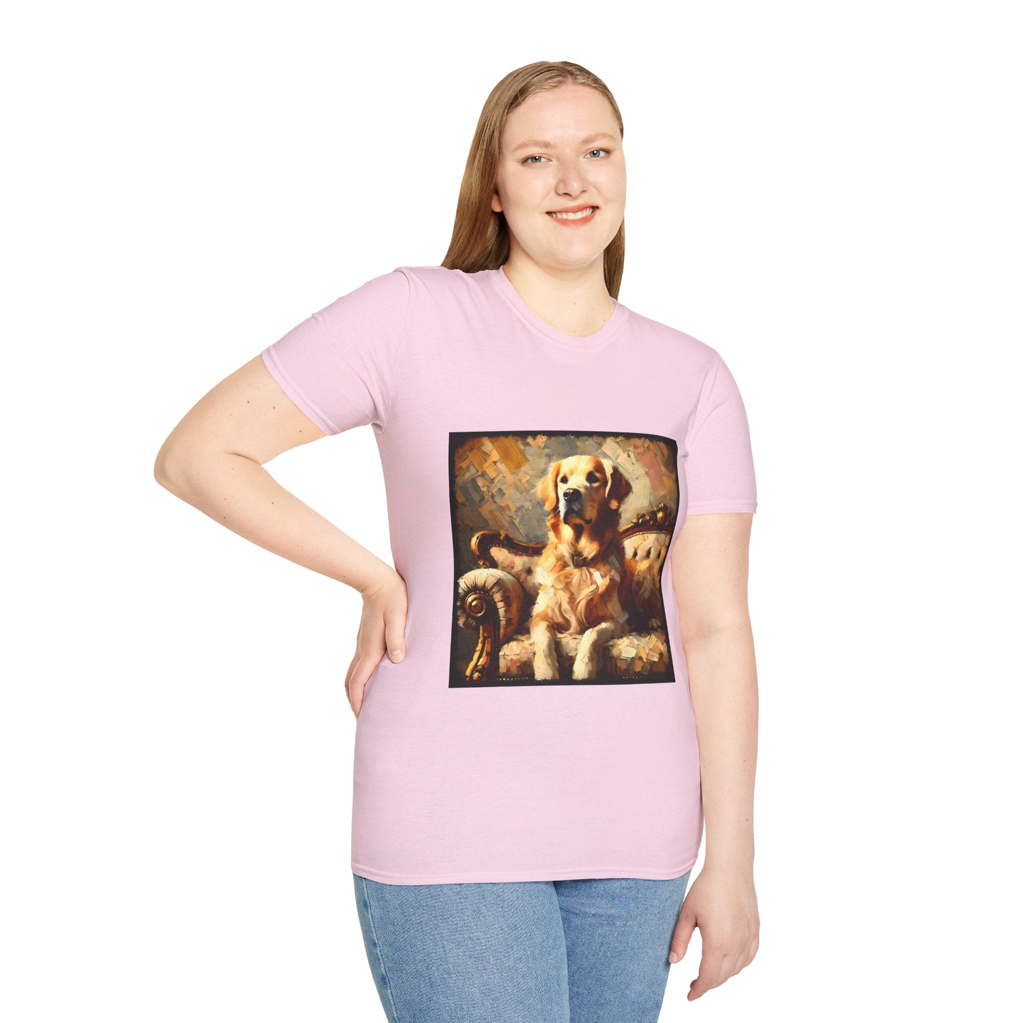 Female model in light pink dog t-shirt with golden retriever on ornate couch, painted in rich textured brushstrokes.