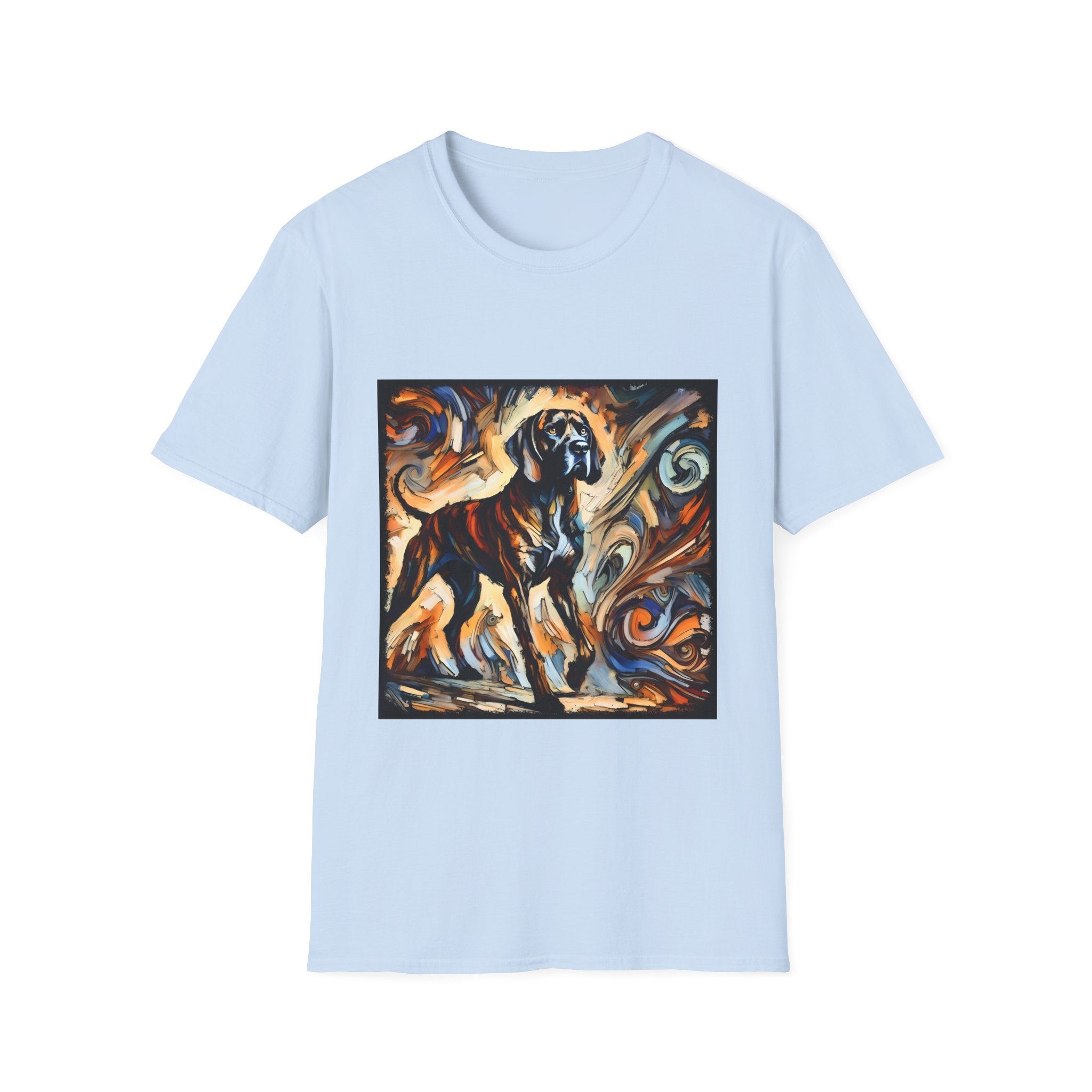 Light blue dog t-shirt featuring a Coonhound with bold brush strokes in orange, blue, black, and cream.