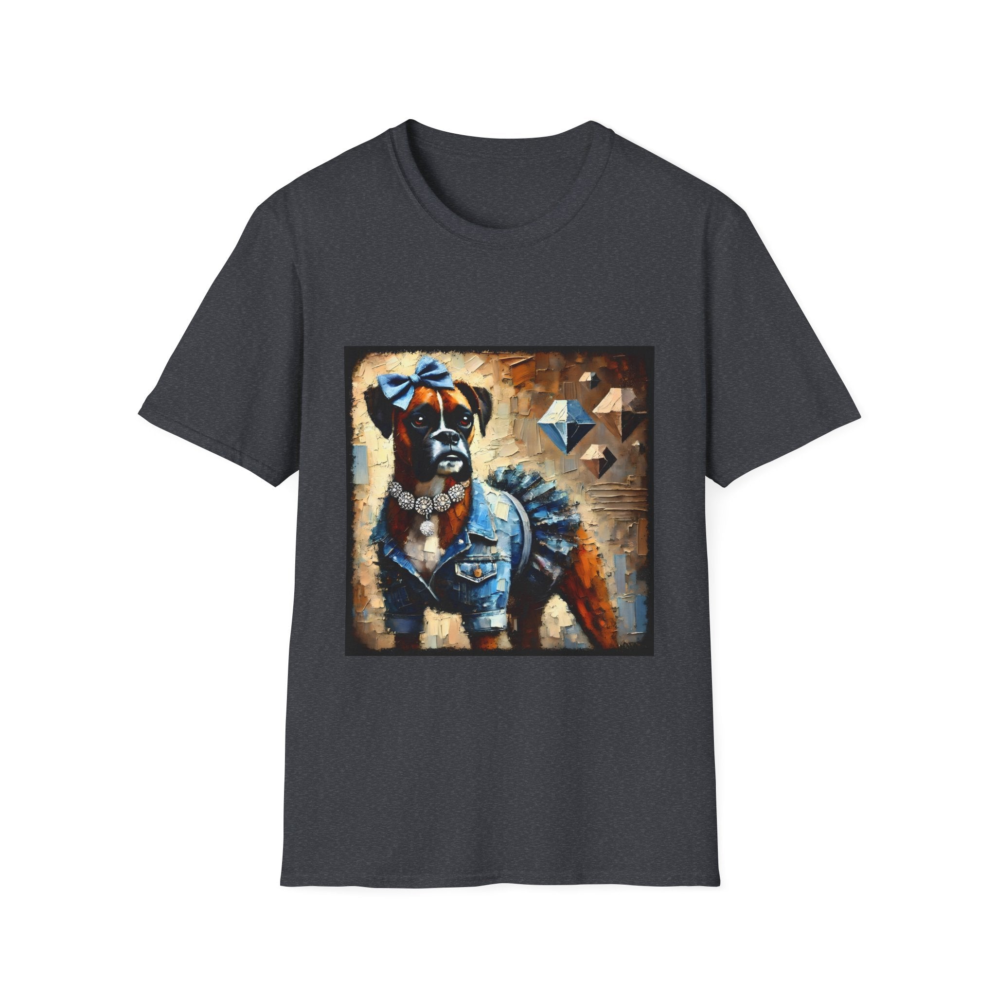 Dark heather gray dog t-shirt with boxer in denim ruffle dress, blue bow, diamond collar, and abstract gem background.