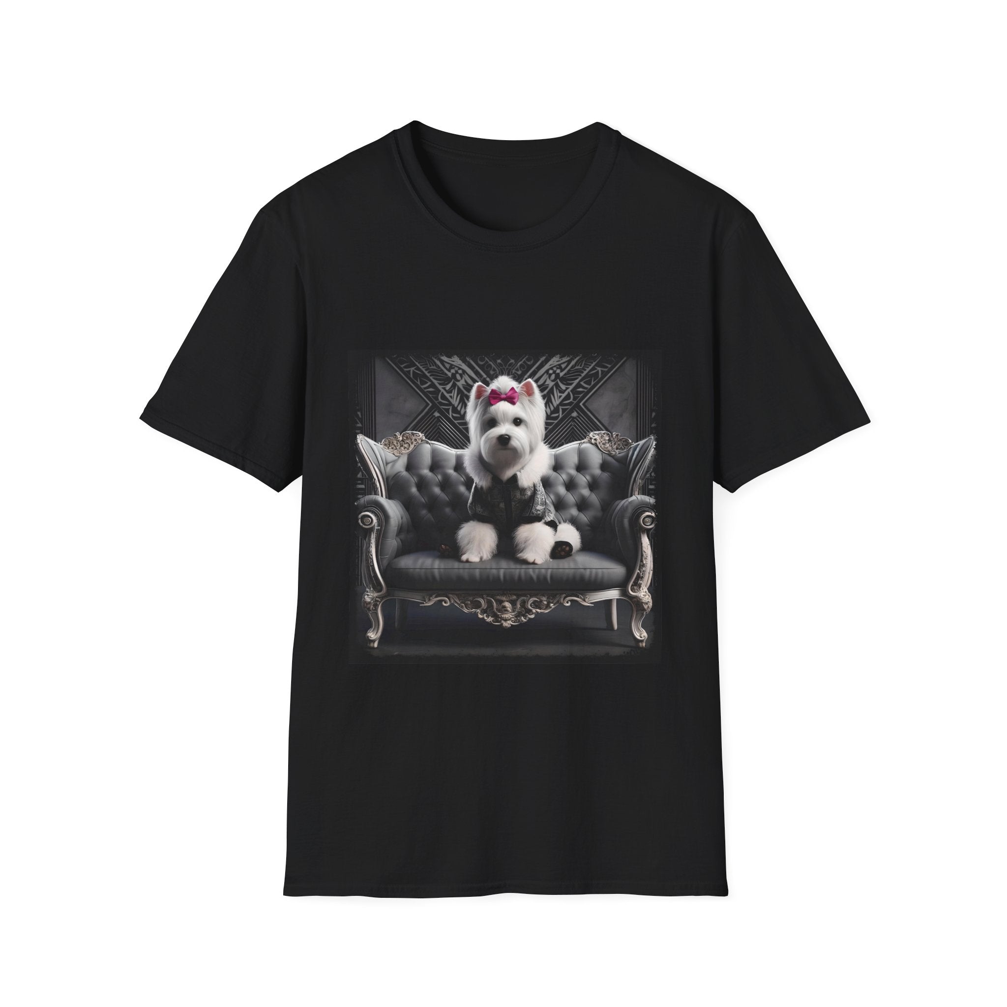 Black dog t-shirt featuring Westie in black outfit with pink bow seated on ornate gothic black couch.