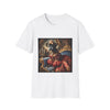 White dog t-shirt featuring boxer in ornate red gown and tiara seated on royal blue armchair.