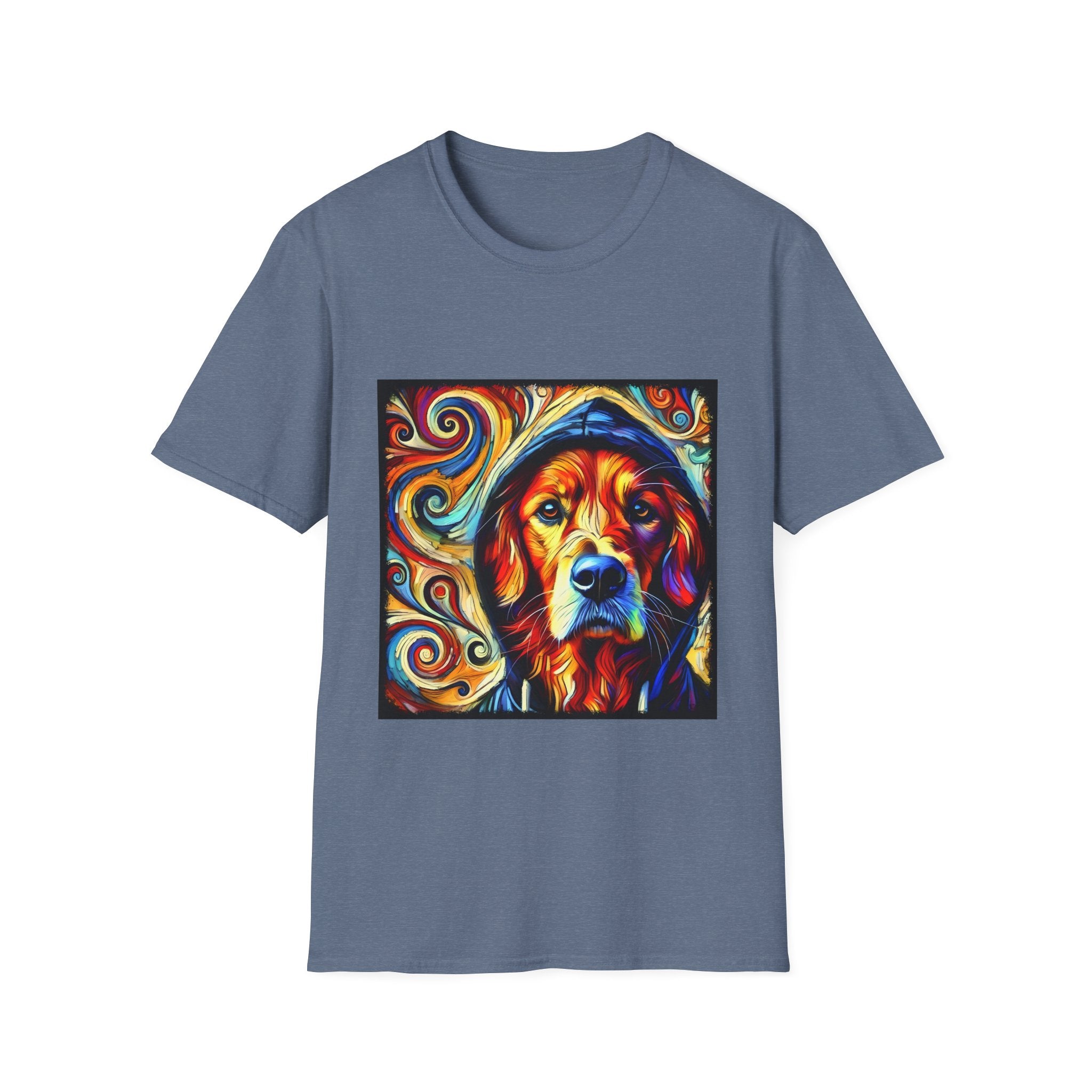 Heather indigo dog t-shirt with golden retriever in blue hoodie, bold swirls in red, orange, and teal behind.
