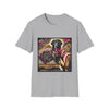 Sport gray dog t-shirt with black retriever in edgy outfit and pink bow on striped settee, swirl backdrop.