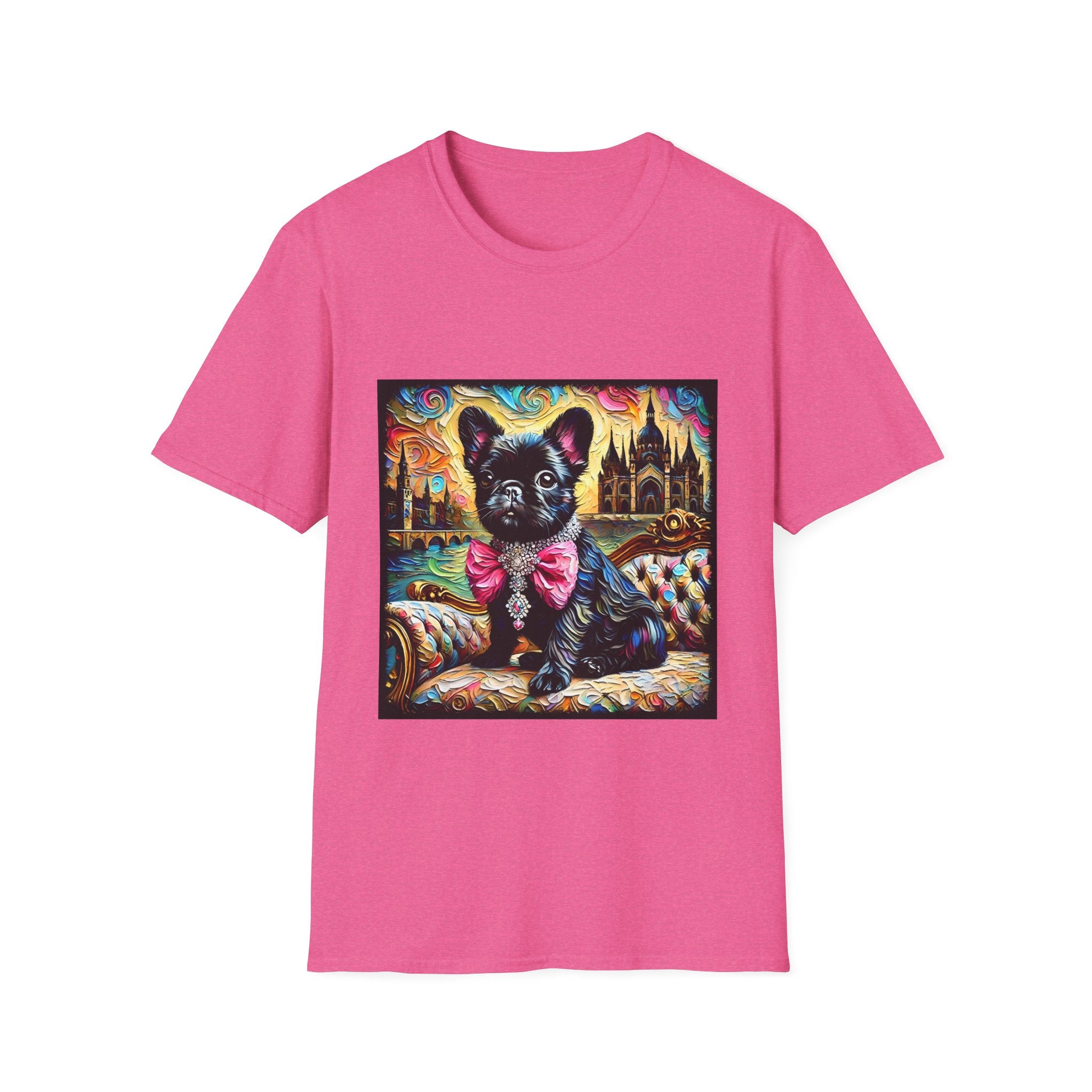 Bright pink dog t-shirt featuring black French Bulldog with jeweled pink bow, sitting on patterned settee, vivid castle swirl background.