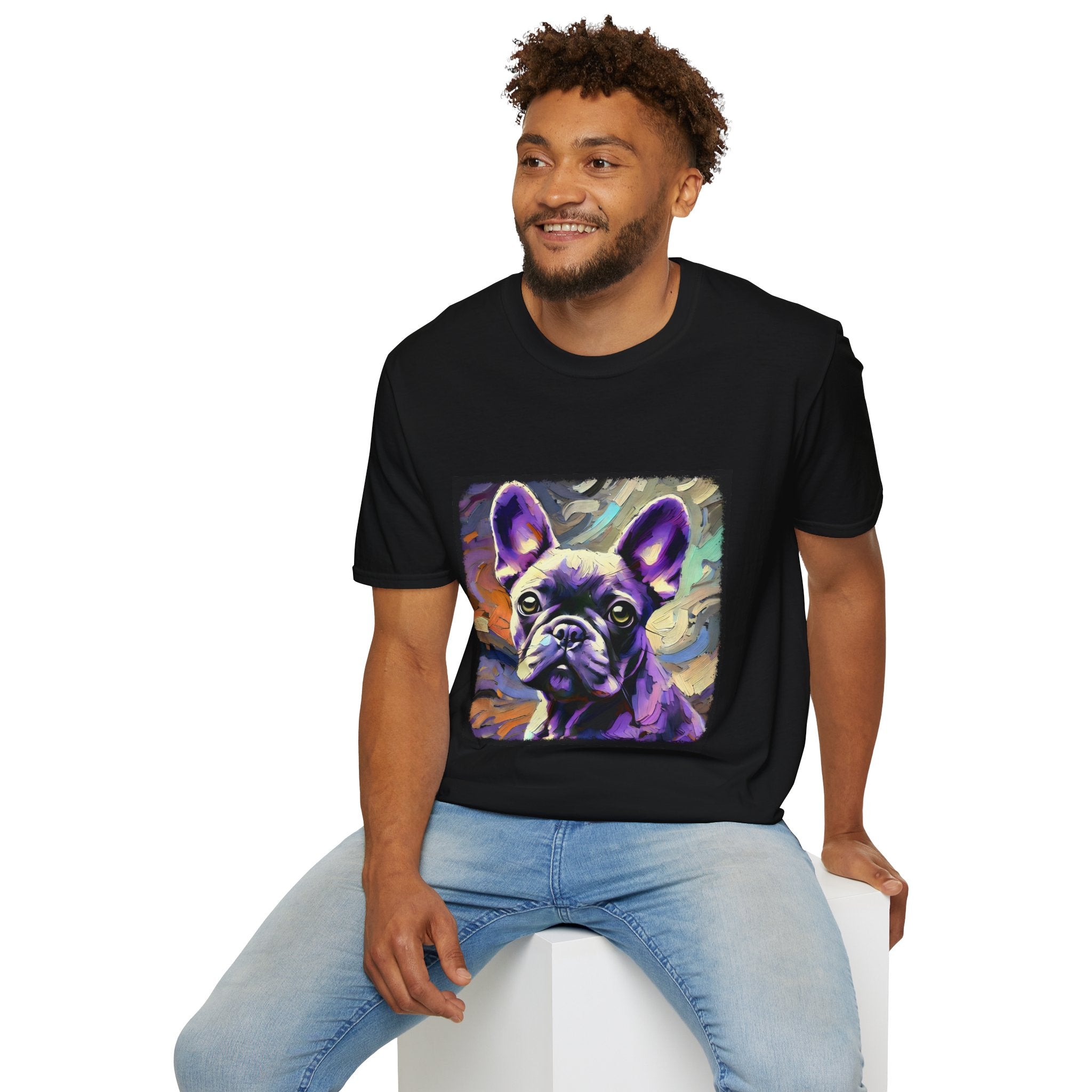 Male model in black dog t-shirt featuring a lavender purple French Bulldog with swirling brushstrokes of teal, orange, and cream.