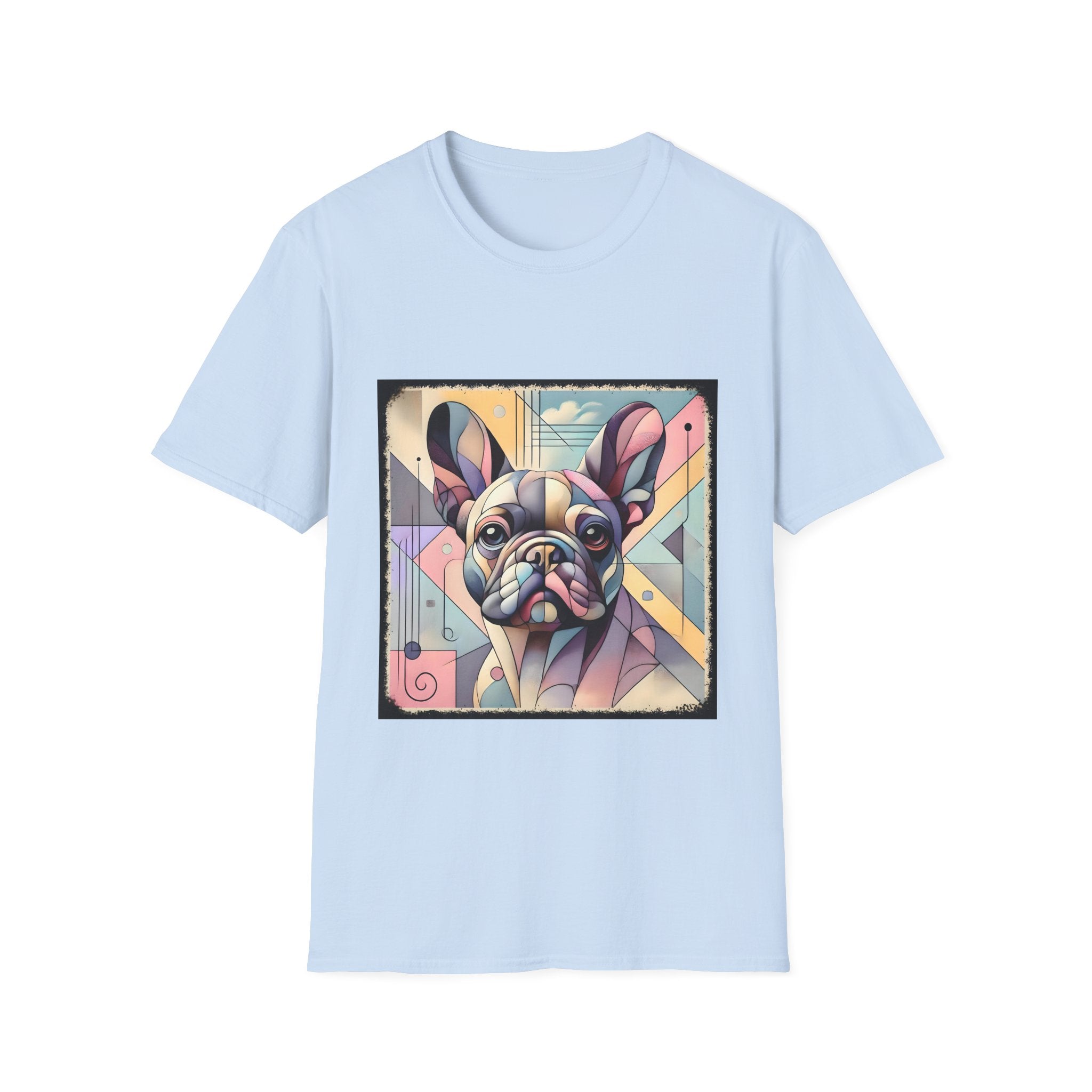Light blue shirt with Cubism-style French Bulldog design in soft pastel colors and abstract shapes.