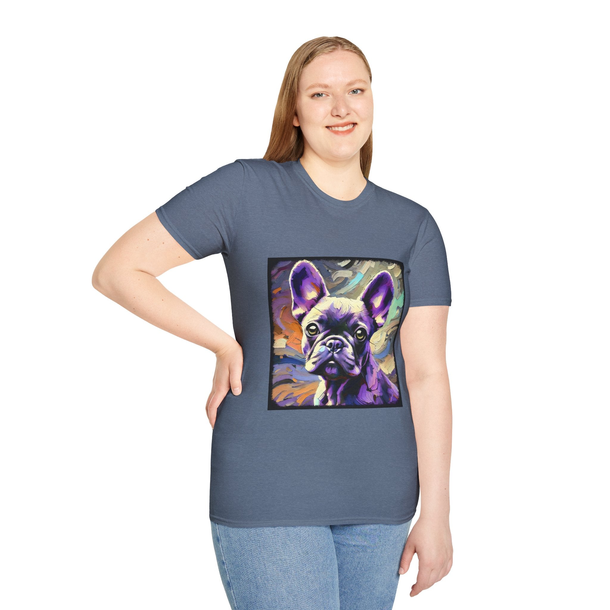 Female model in heather indigo dog t-shirt featuring a lavender purple French Bulldog with swirling brushstrokes of teal, orange, and cream.