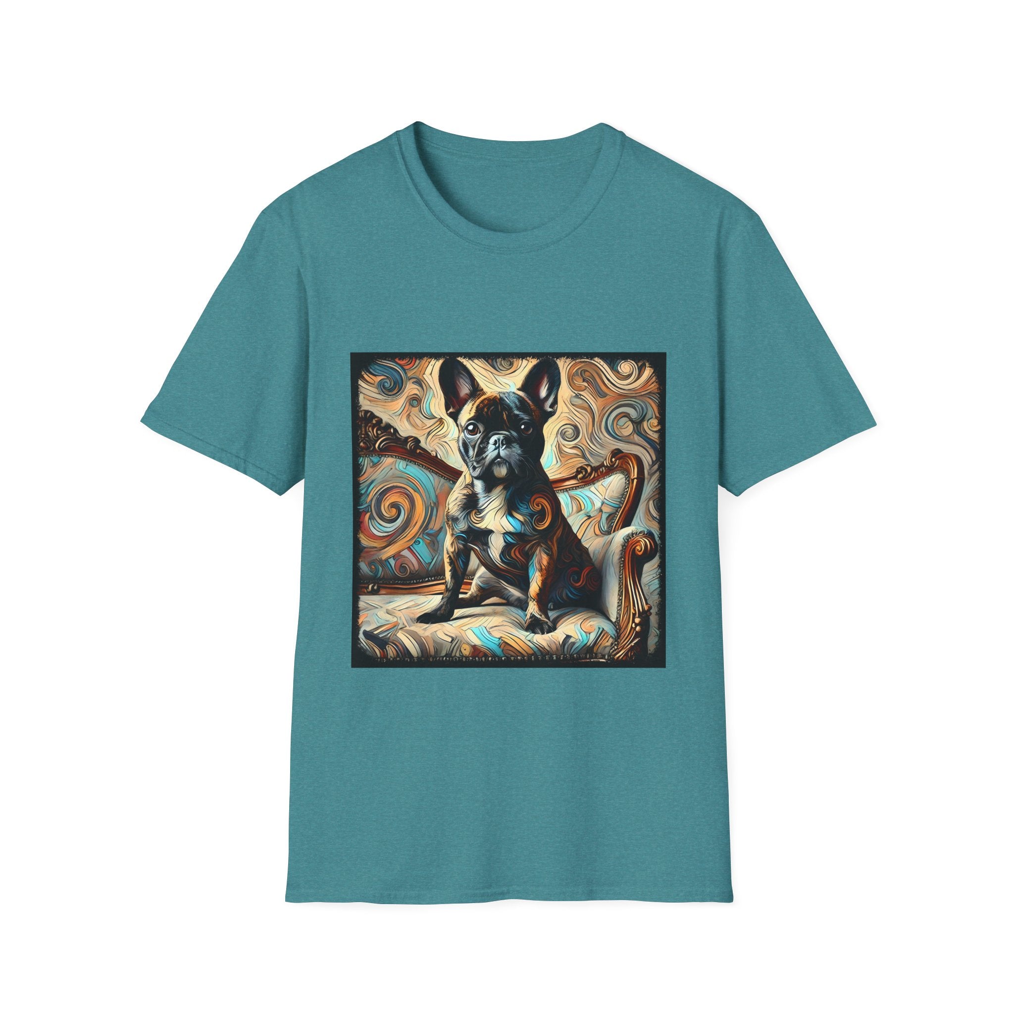 Teal dog t-shirt featuring black and tan French Bulldog on ornate settee with swirl pattern background.