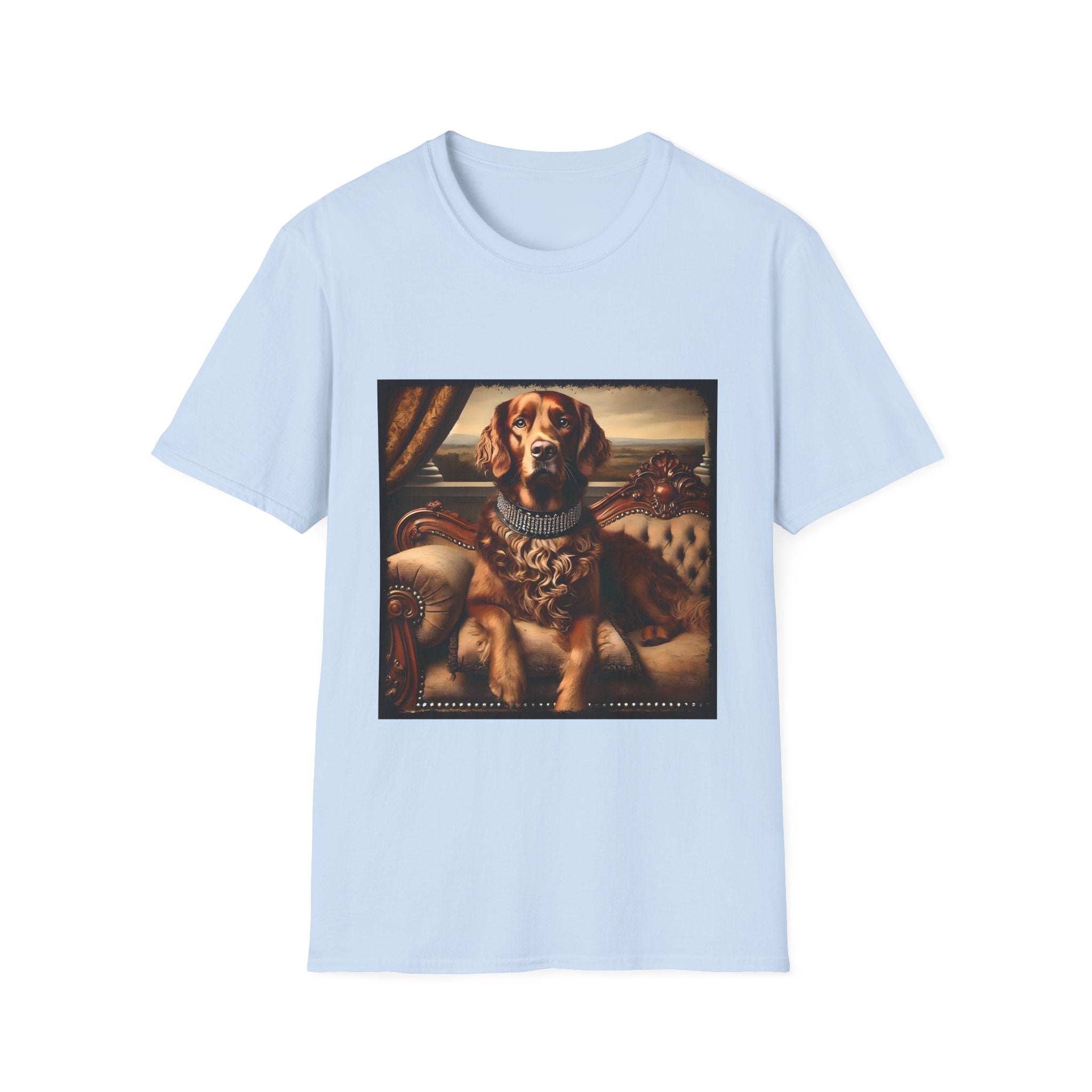 Light blue dog t-shirt featuring a chocolate brown golden retriever in a jeweled collar, seated on a vintage tufted settee.