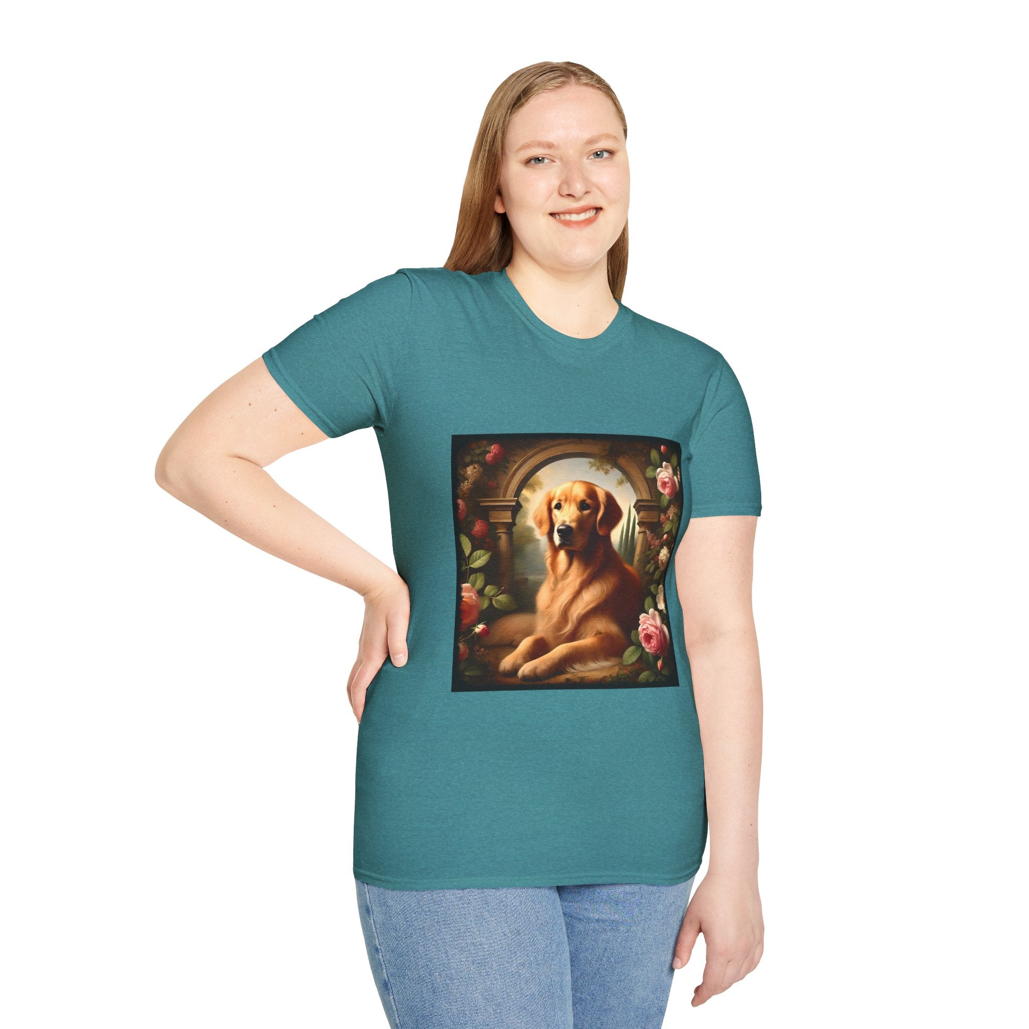 Female model in teal dog t-shirt featuring golden retriever lounging under stone arch, surrounded by roses and greenery.