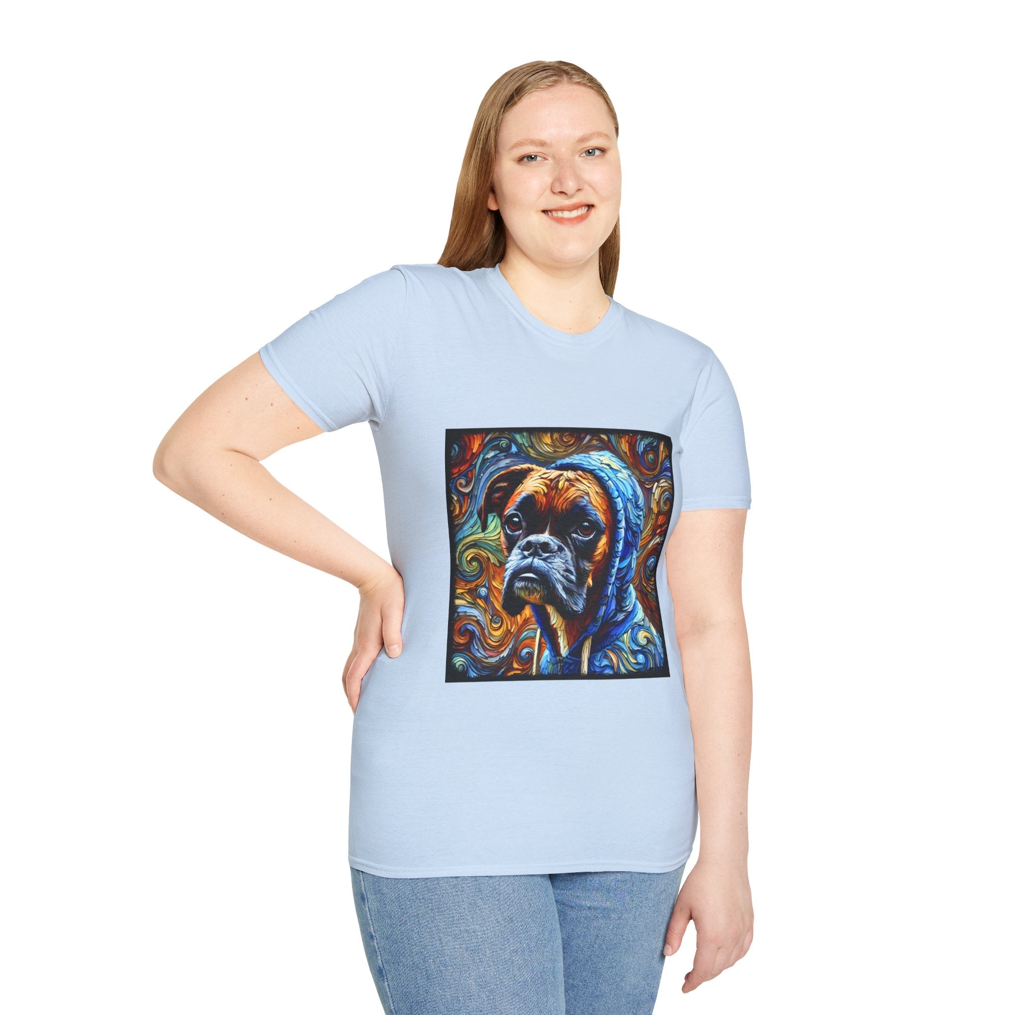 Female model in light blue dog t-shirt featuring a boxer in a blue hoodie with swirled orange, gold, and teal background design.