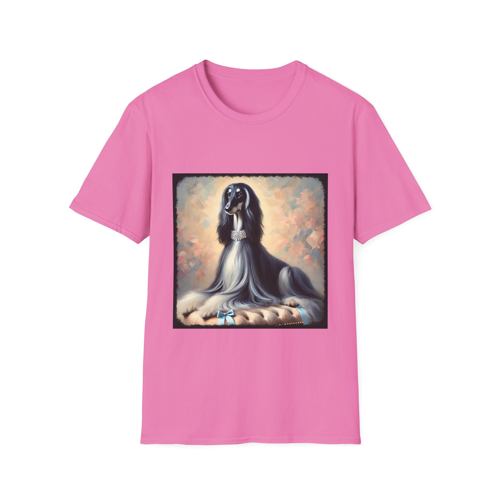 Front view of dark pink dog t-shirt featuring black and white Afghan Hound on cushion with diamond necklace, pastel background.