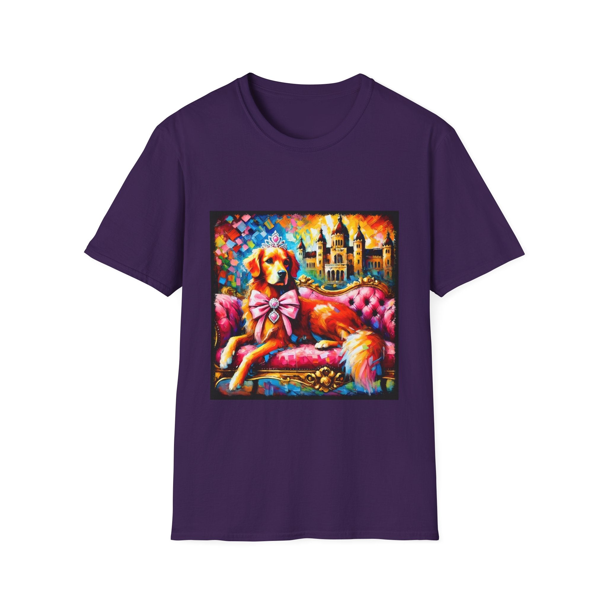 Purple dog t-shirt featuring golden retriever princess on pink settee with tiara and castle backdrop.