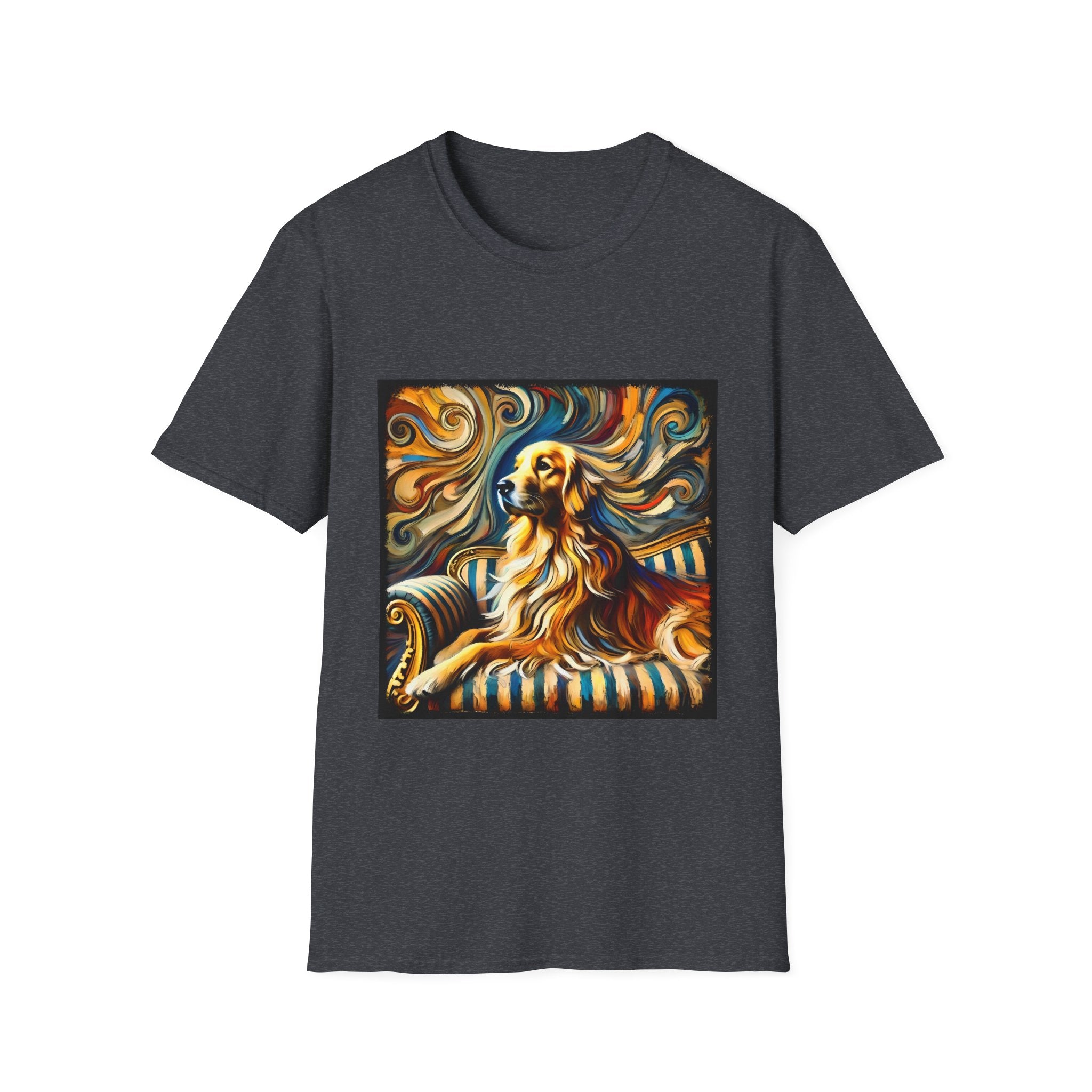 Dark heather gray dog t-shirt featuring golden retriever on striped settee with swirling abstract background in golds.