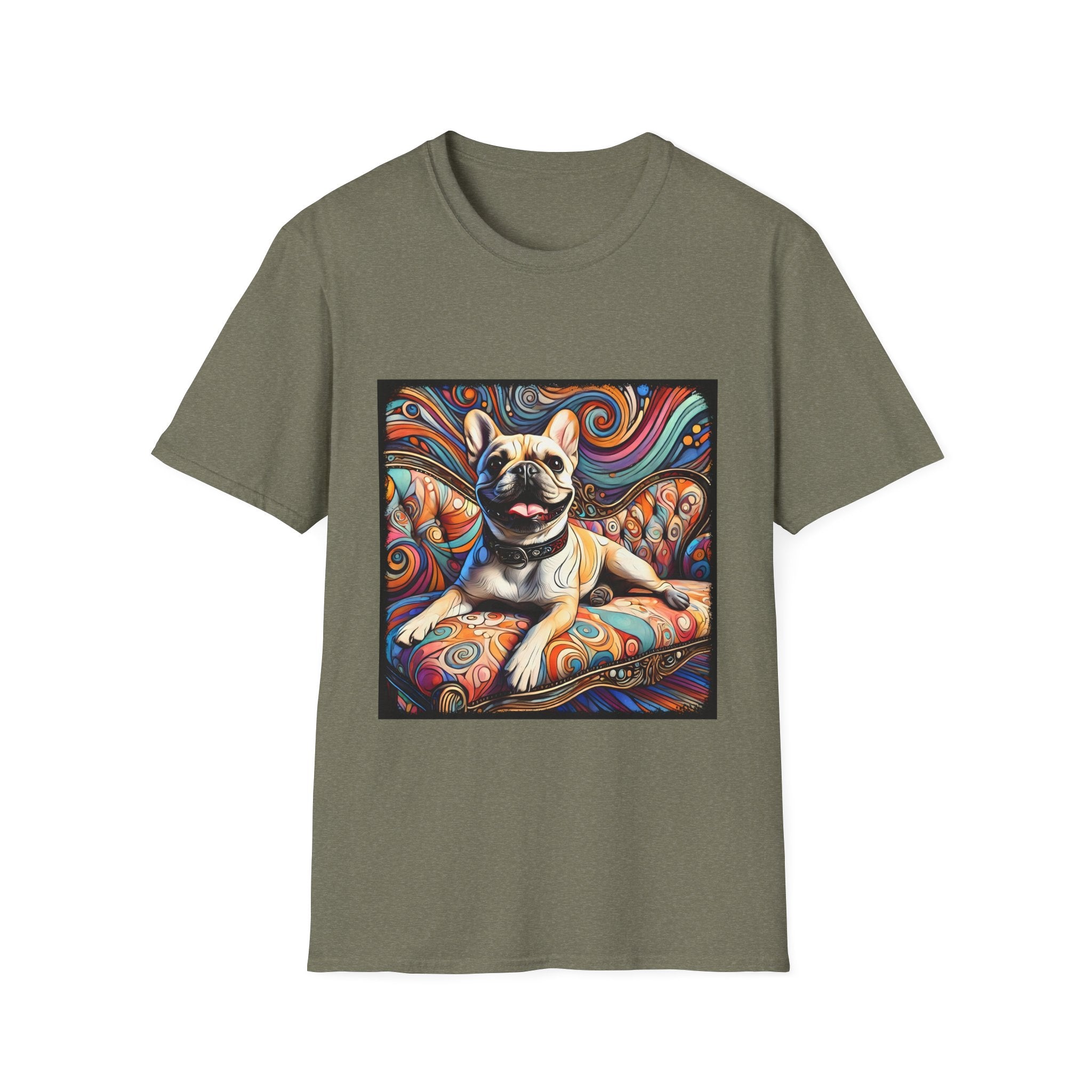 Heather military green dog t-shirt featuring fawn French Bulldog with collar lounging on colorful swirl settee with vivid abstract background.