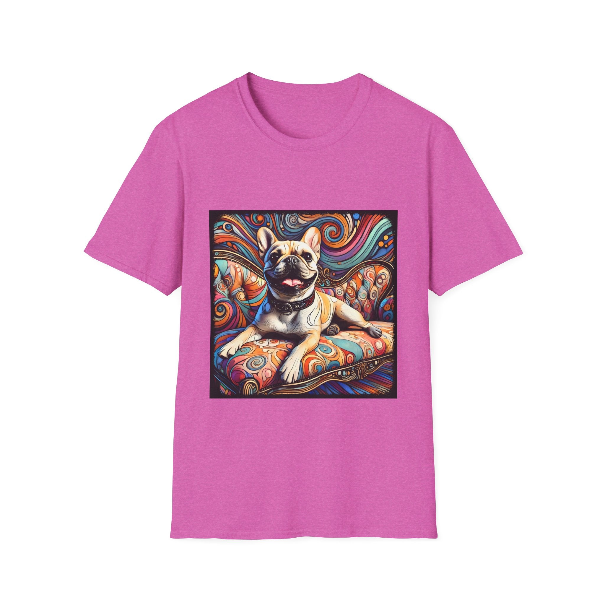 Orchid pink dog t-shirt featuring fawn French Bulldog with collar lounging on colorful swirl settee with vivid abstract background.
