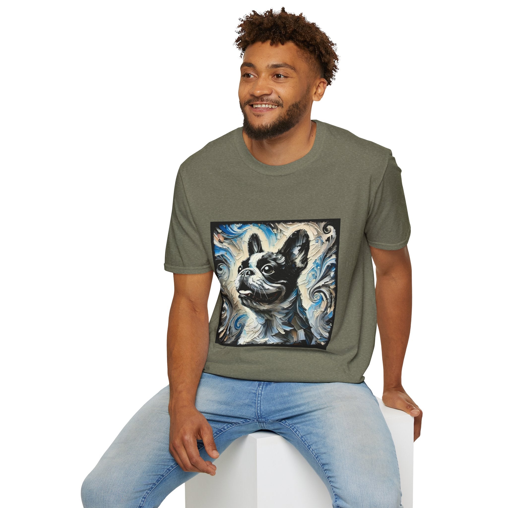 Male model wearing military green dog t-shirt with black and white French Bulldog portrait on swirl-patterned vintage background.