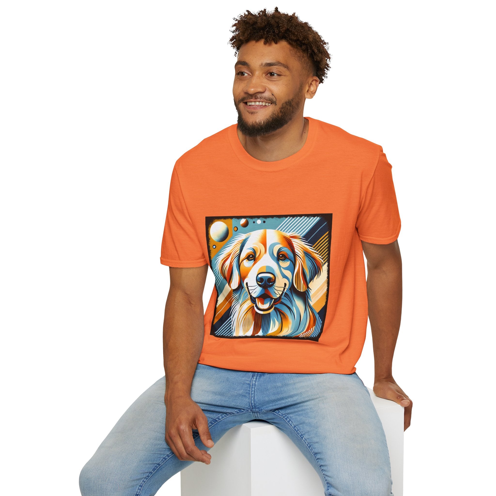 Male model in heather orange dog t-shirt featuring smiling golden retriever in abstract pop style with blue, orange, and cream tones.