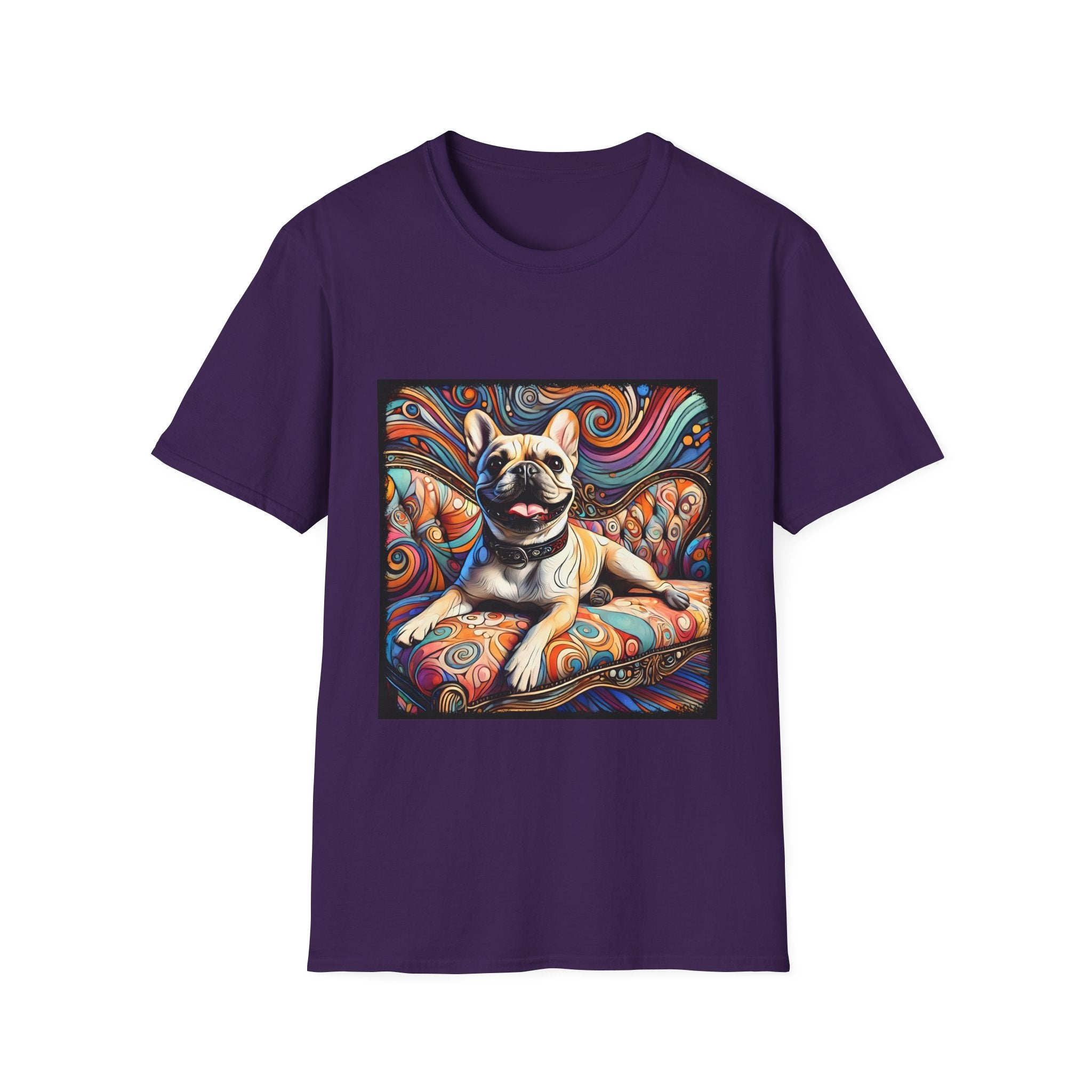 Purple dog t-shirt featuring fawn French Bulldog with collar lounging on colorful swirl settee with vivid abstract background.