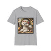 Gray t-shirt with a Bichon Frise wearing a floral crown design on a white background