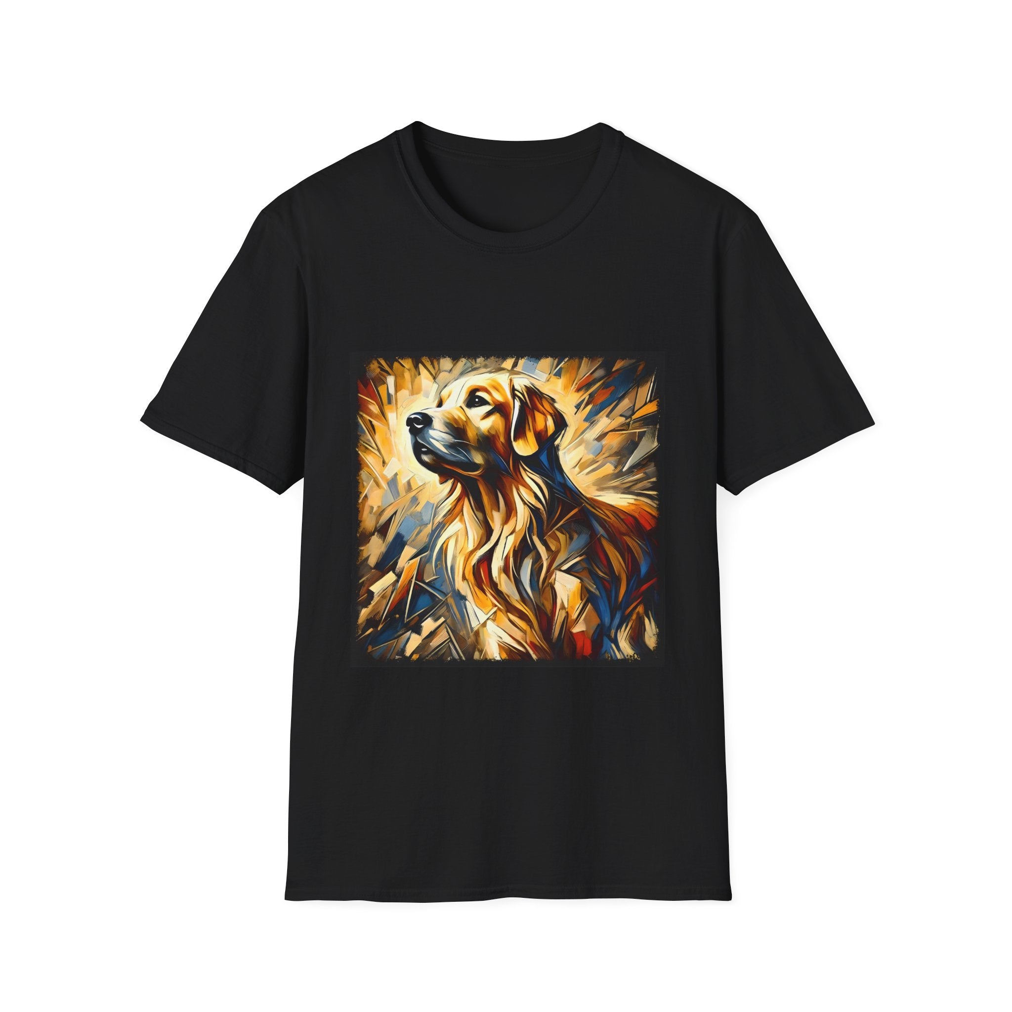 Black dog t-shirt featuring golden retriever portrait with fiery gold, blue, and amber abstract swirls.