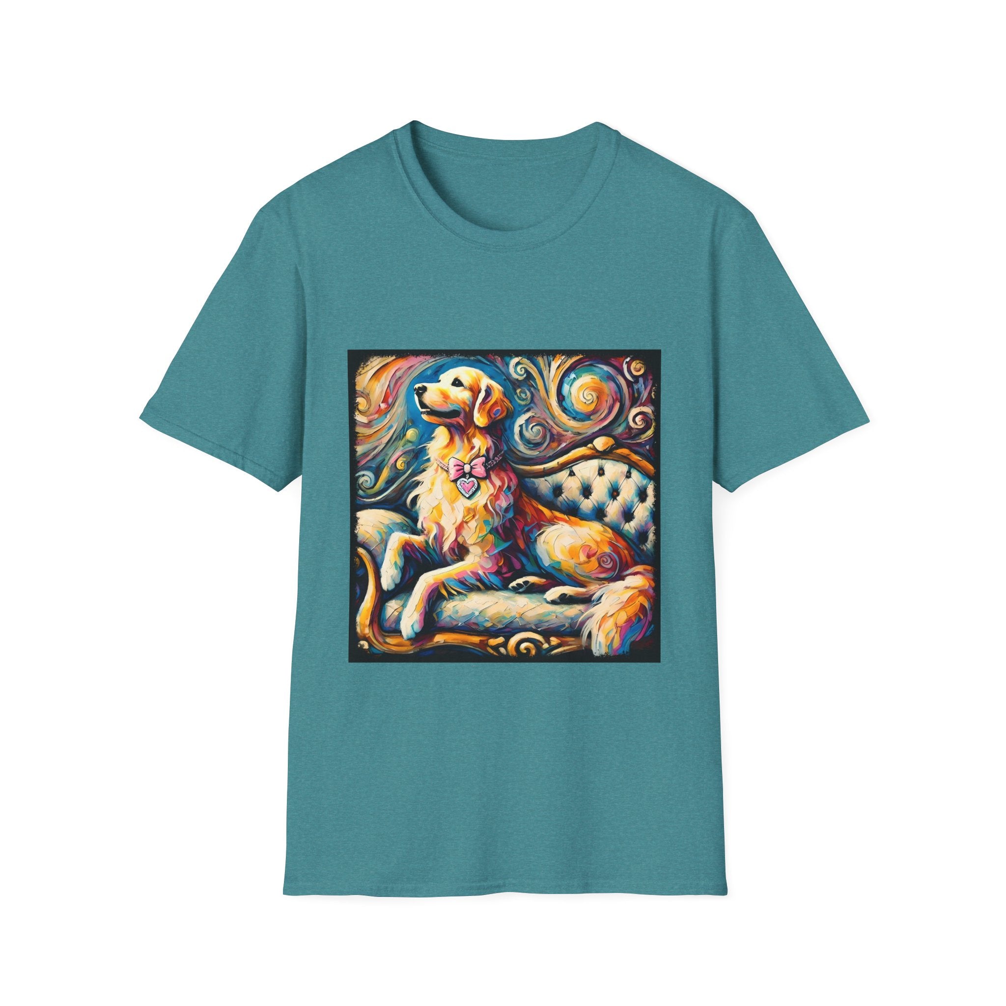 Teal dog t-shirt featuring golden retriever with pink heart collar on colorful tufted settee.
