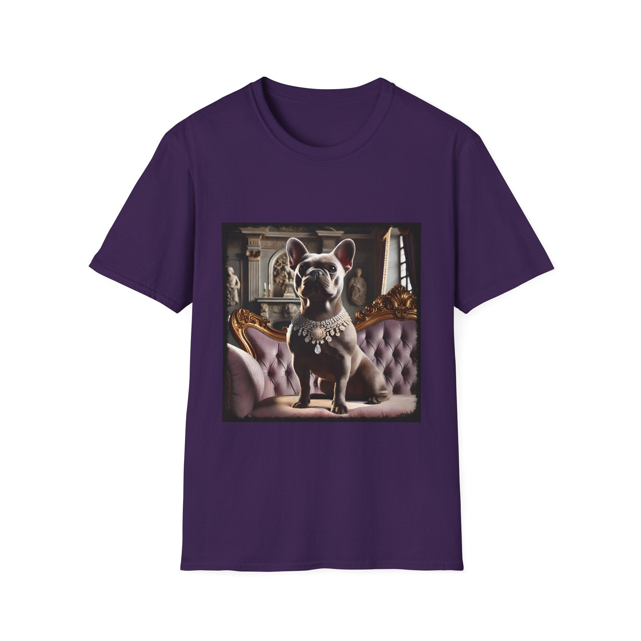 Purple dog t-shirt featuring gray French Bulldog in jeweled necklace on tufted settee with grand palace-style background.