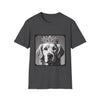 Dark heather dog t-shirt featuring a black-and-white princess Golden Retriever with jeweled crown on gray background.